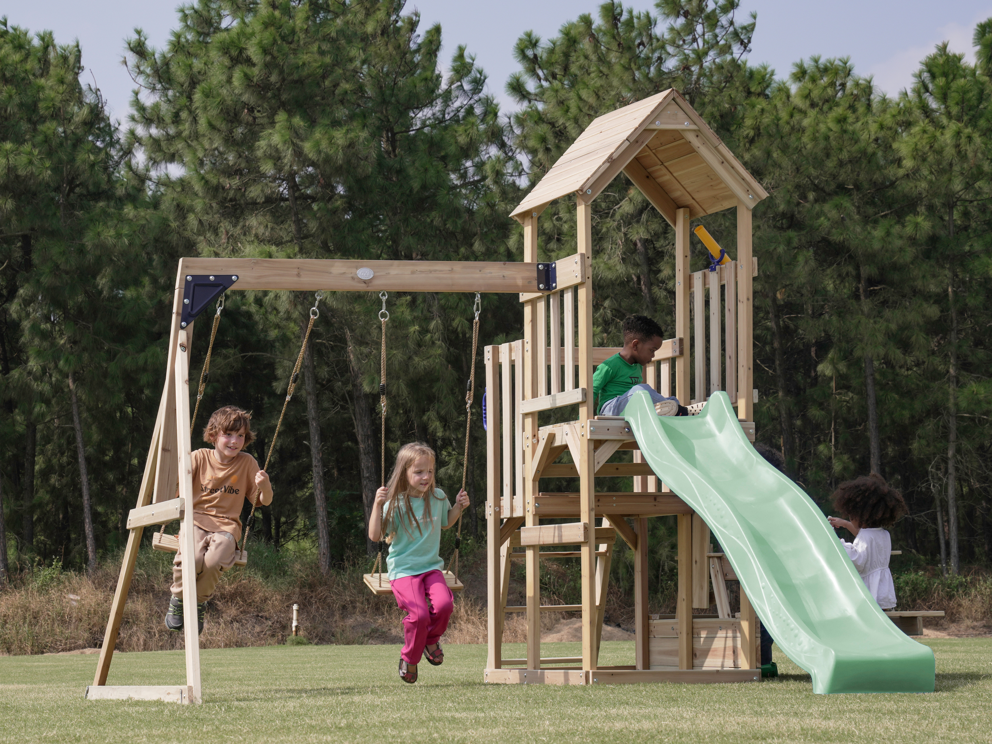 AXI Mette Climbing Frame with Double Swing Set and Picnic Table - Pastel Green Slide