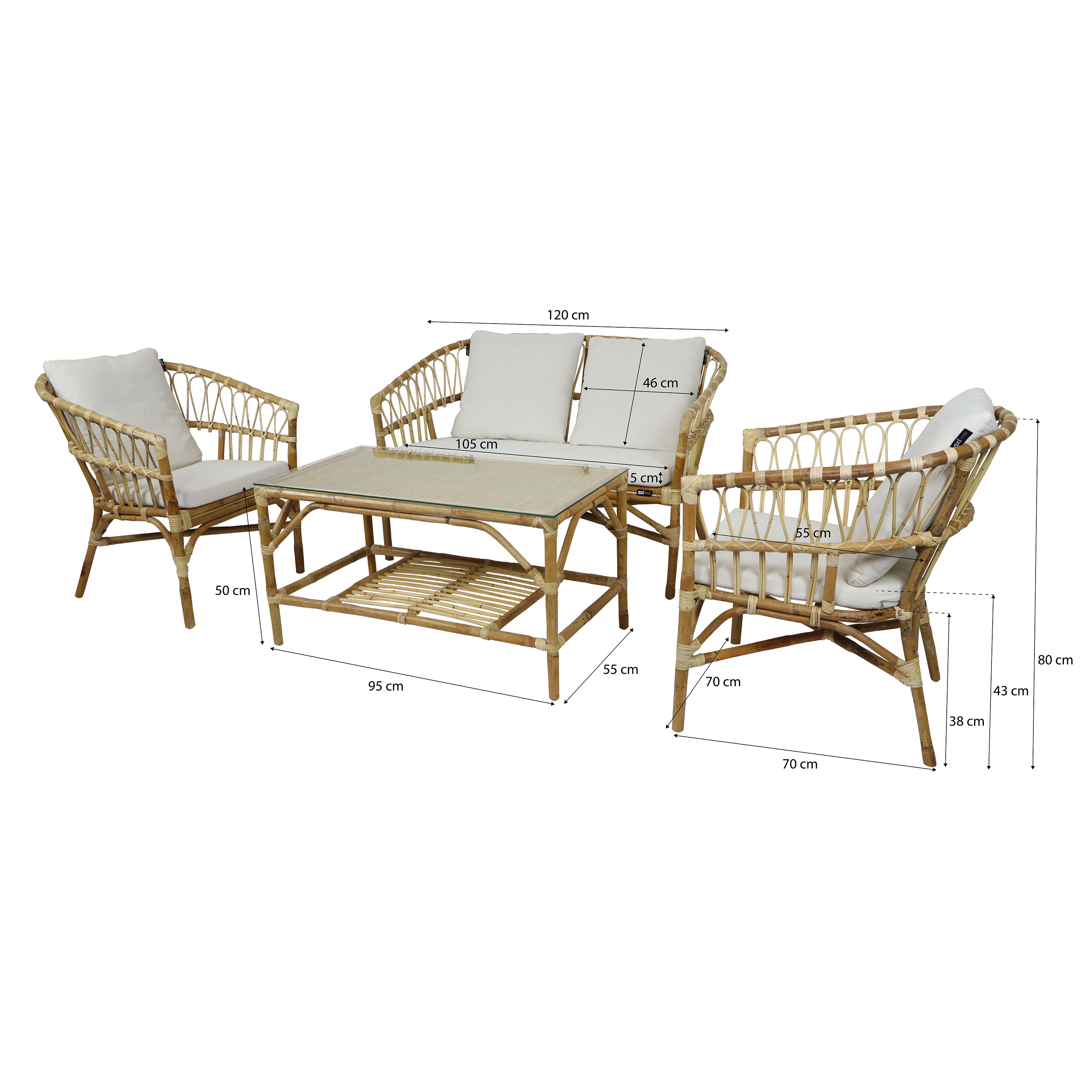 AXI Mary Rattan Lounge Set – 4-Piece with Sofa, Table, and 2 Chairs Natural/White-8720365066238 AXI Mary Rattan Lounge Set – 4-Piece with Sofa, Table, and 2 Chairs Natural/White