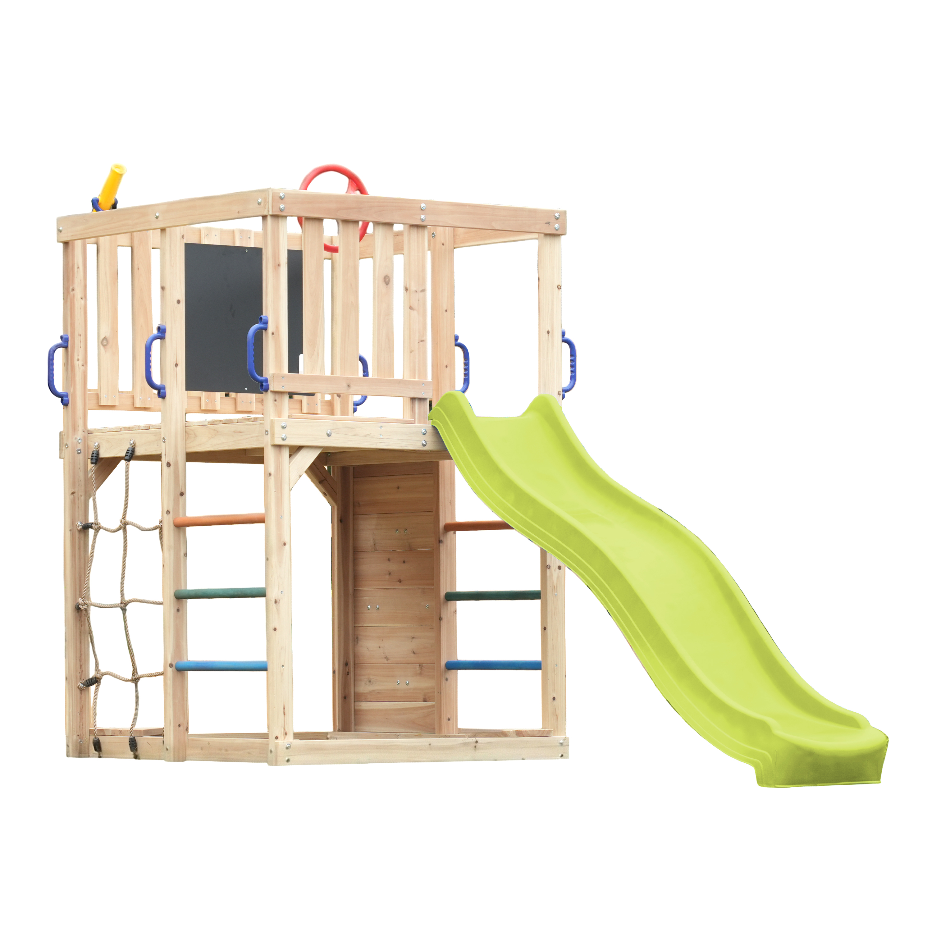AXI Sam Climbing Frame with Climbing Wall. Climbing Net and Monkey Bars – Lime Green Slide