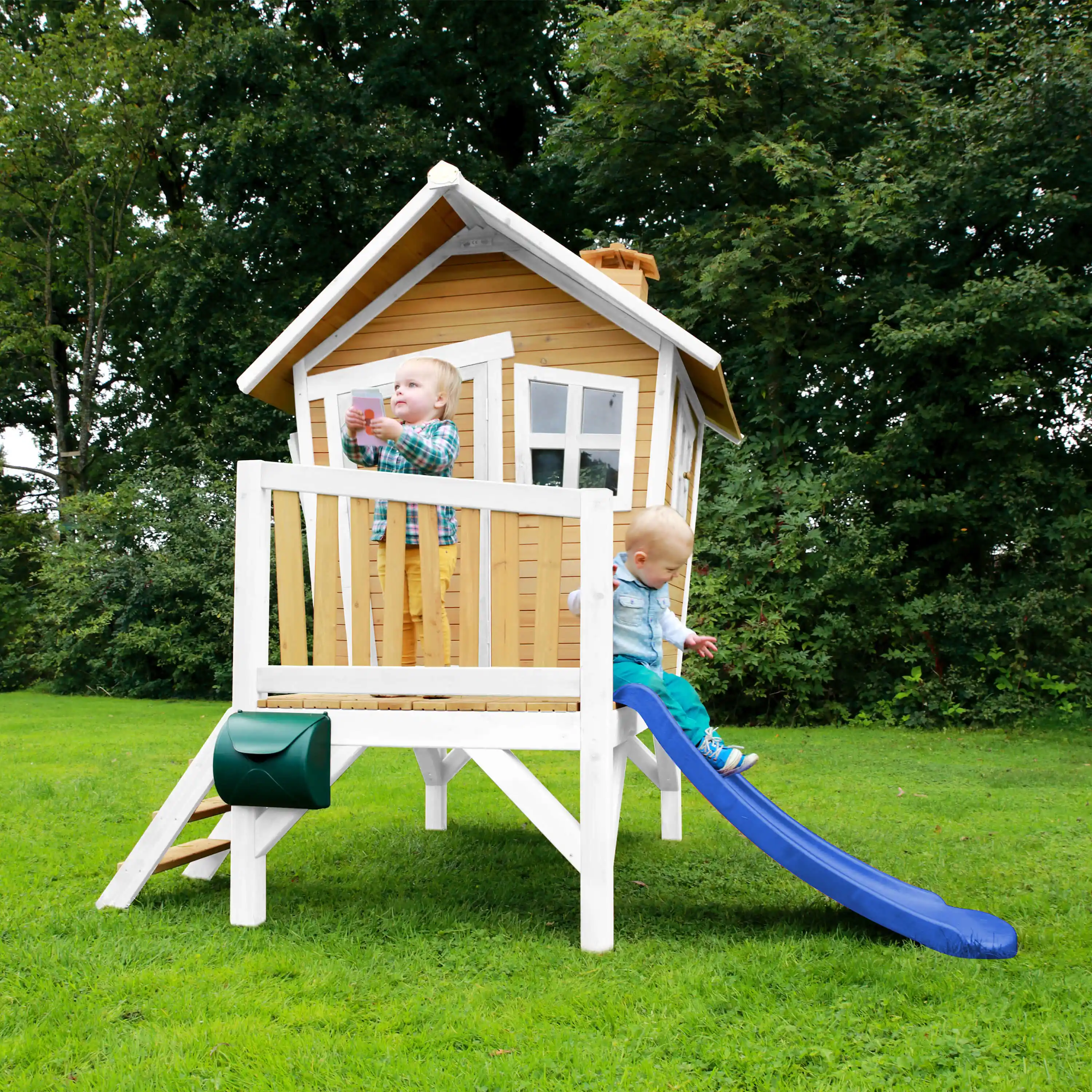 AXI Robin Spielhaus Braun und Weiß - Blaue Rutsche