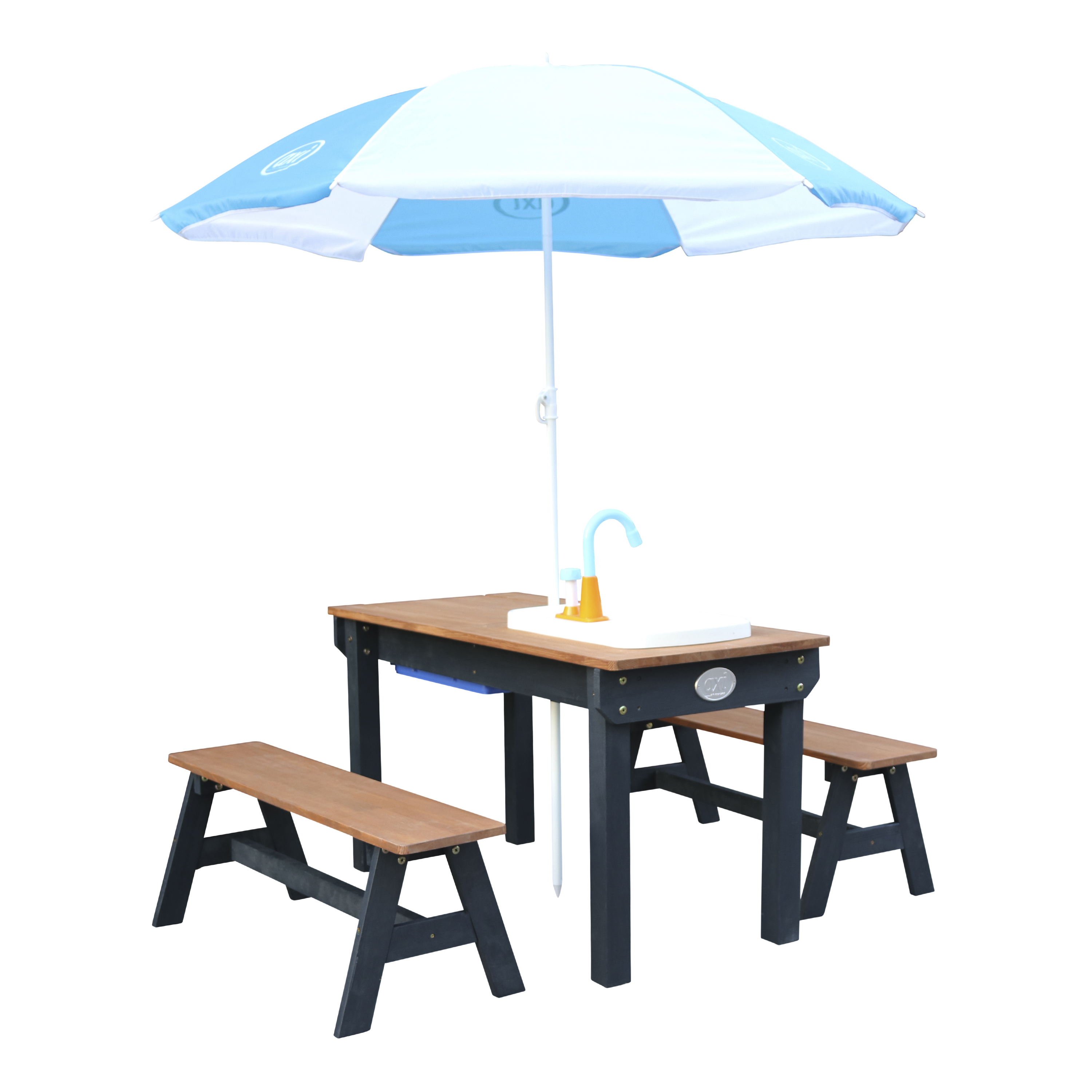 AXI Dennis Sand & Water Picnic Table with Play Kitchen Sink and Benches Anthracite/Brown - Umbrella Blue/White