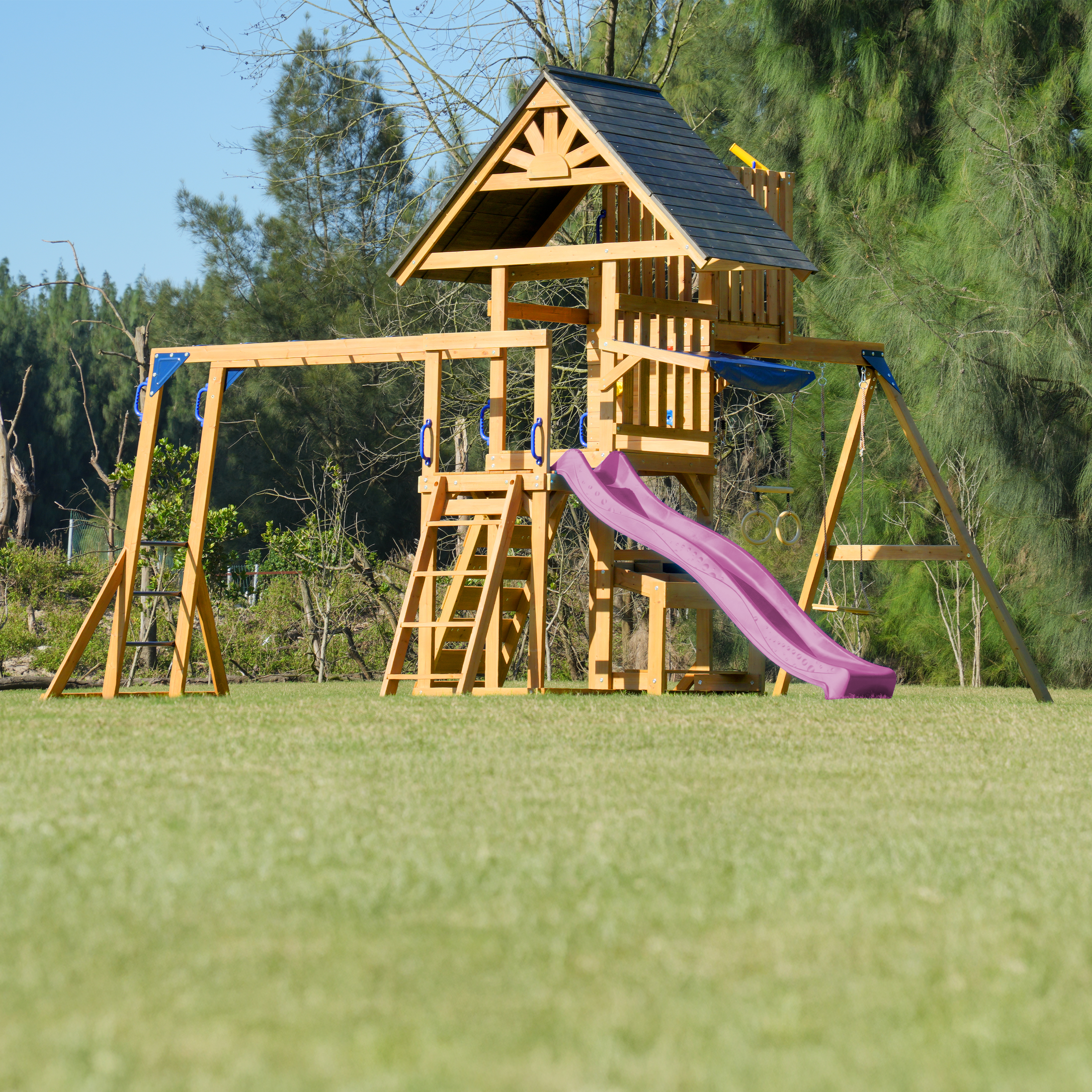 AXI Mitch Climbing Frame with Double Swing. Trapeze and Lookout Tower – Purple Slide