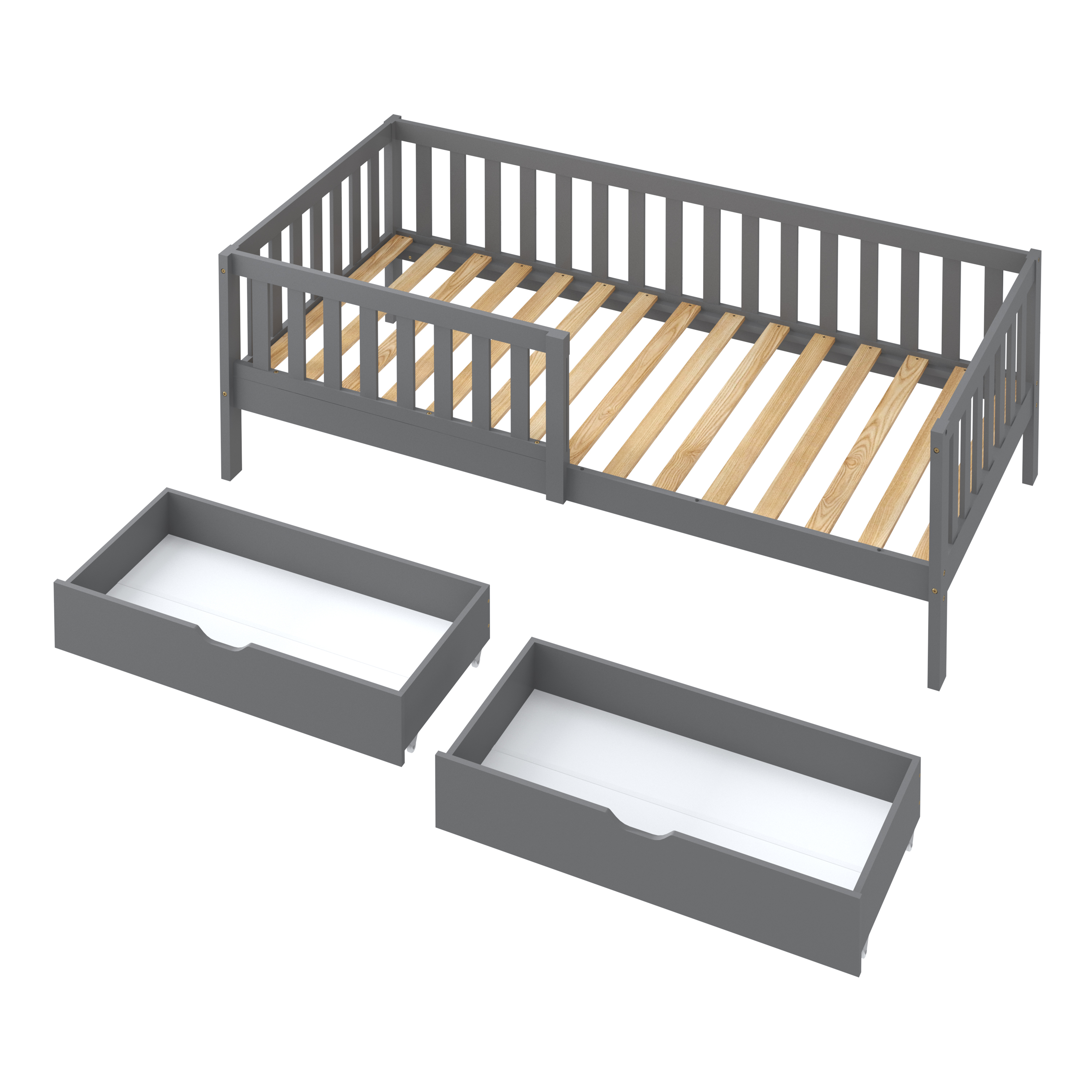 Sunny Isa Kids Bed with 2 Storage Drawers and Guardrail Grey – With Mattress