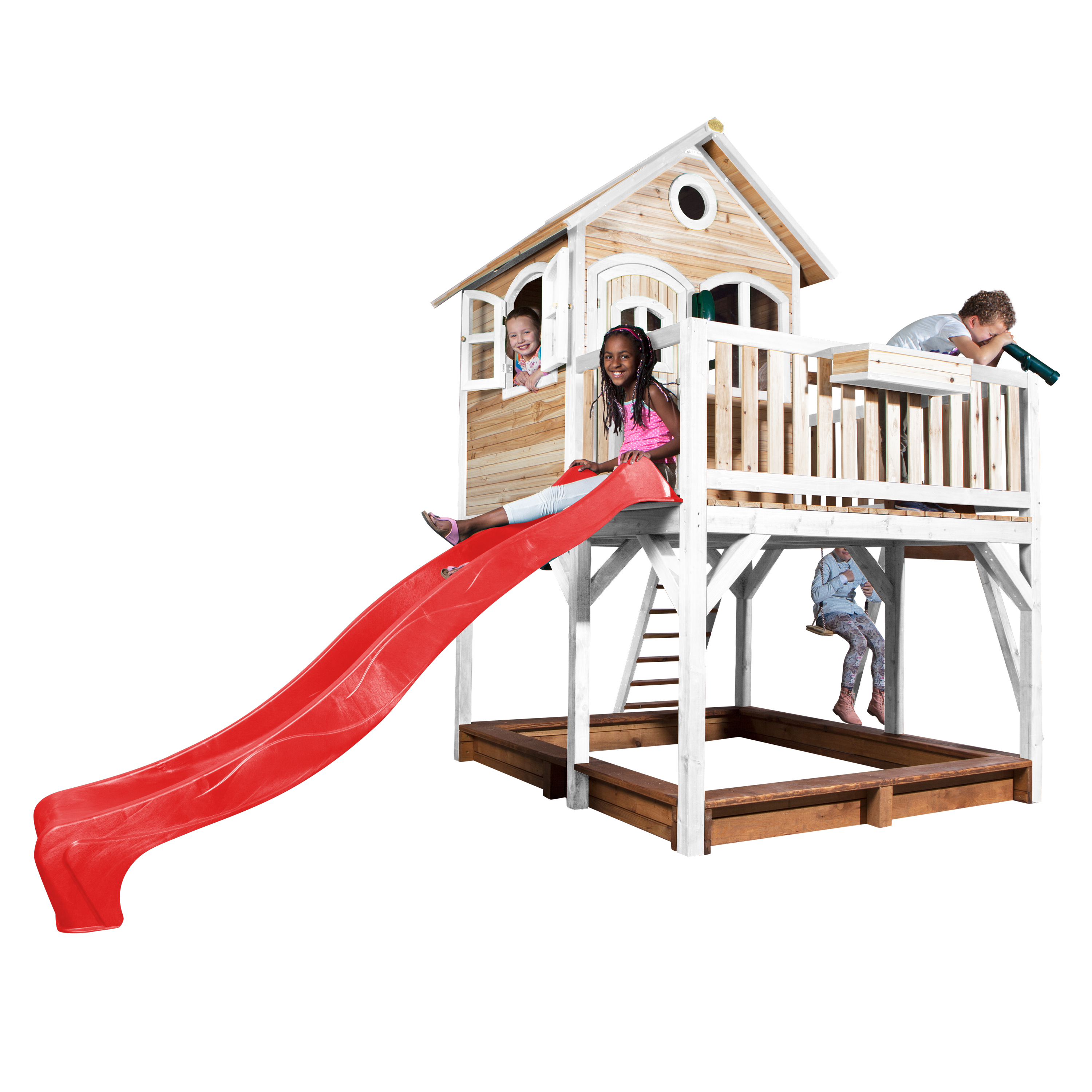 AXI Liam Playhouse with Double Swing Set Brown/White - Red Slide