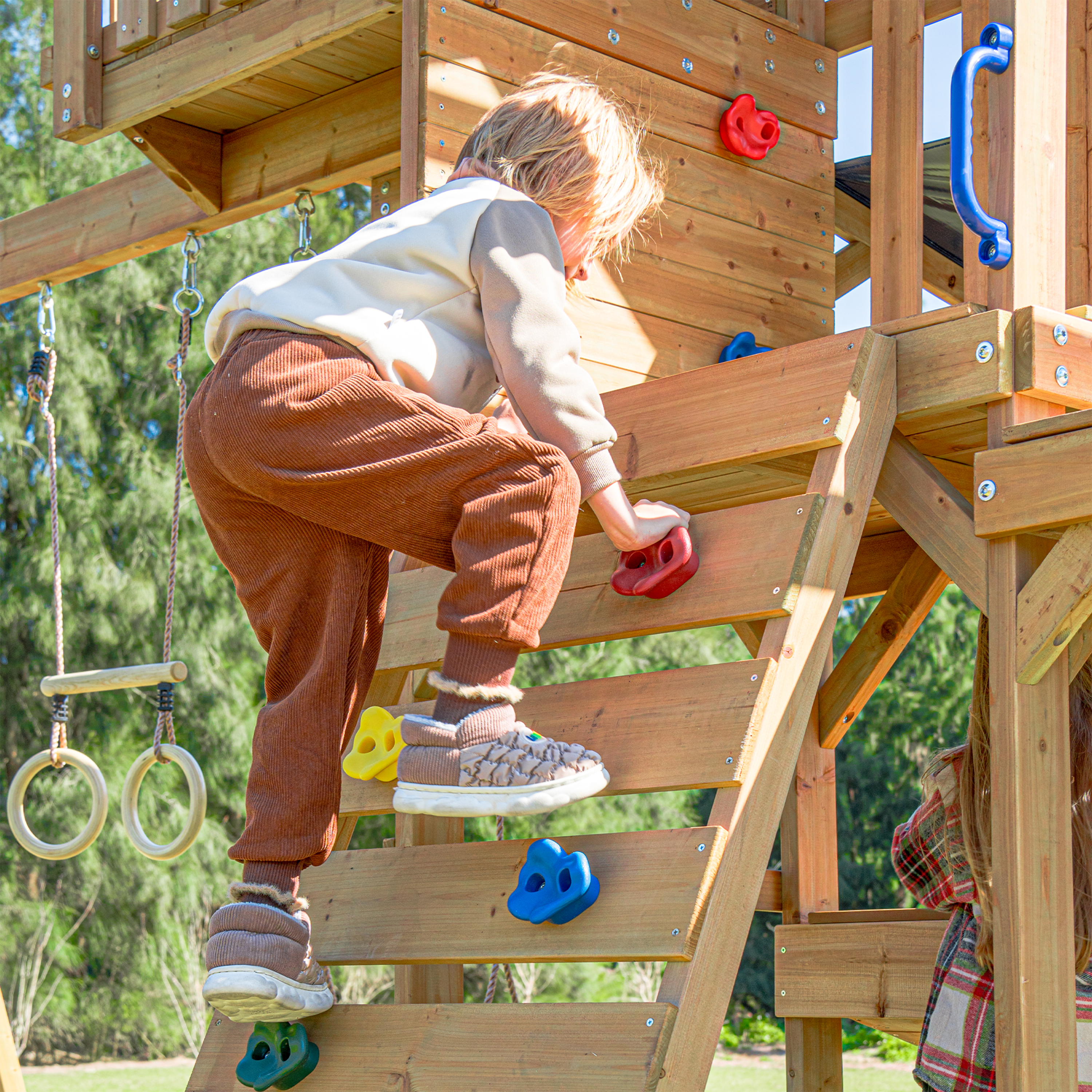 AXI Mitch Climbing Frame with Double Swing. Trapeze and Lookout Tower – Pastel Blue Slide