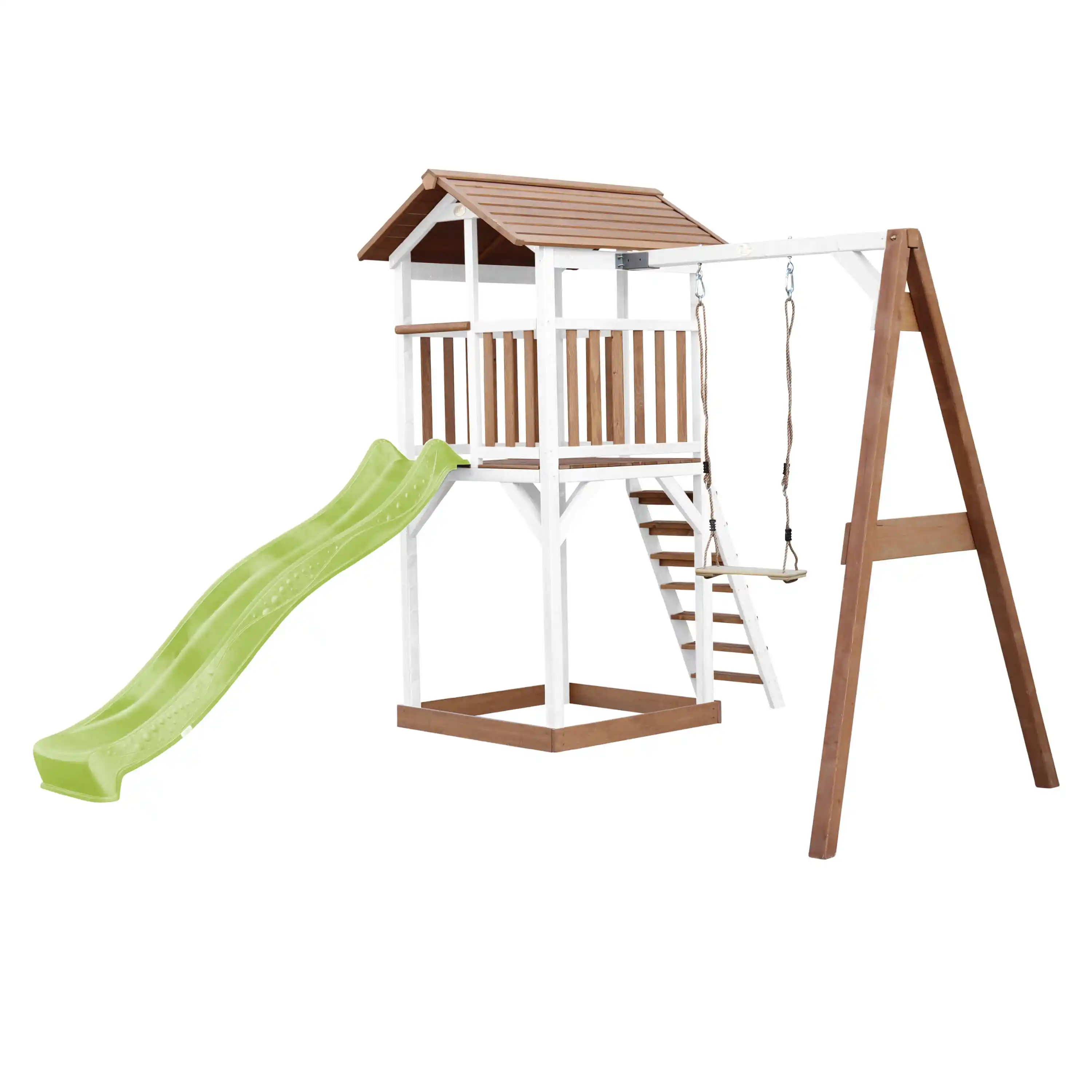 AXI Beach Tower Speeltoren met Enkele Schommel Bruin/wit - Limoen groene Glijbaan