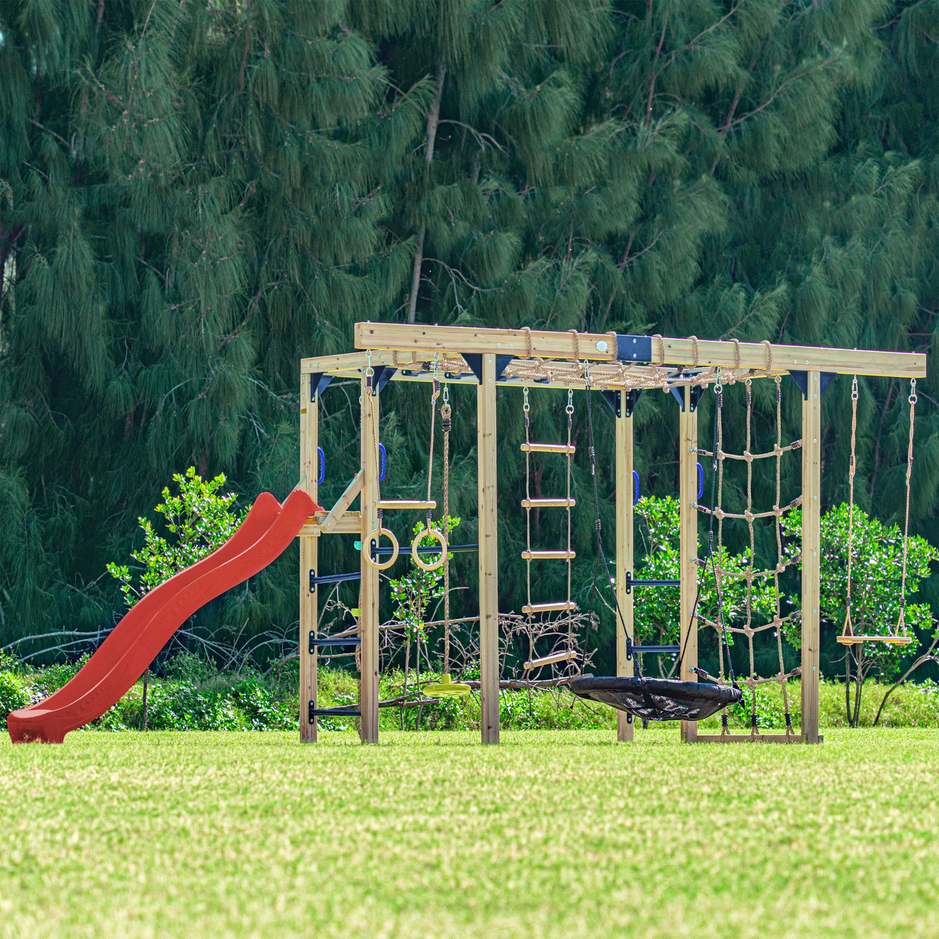 AXI Boris Wooden Playcentre with Swings. Trapeze. Climbing Nets and Monkey Bars – Red Slide