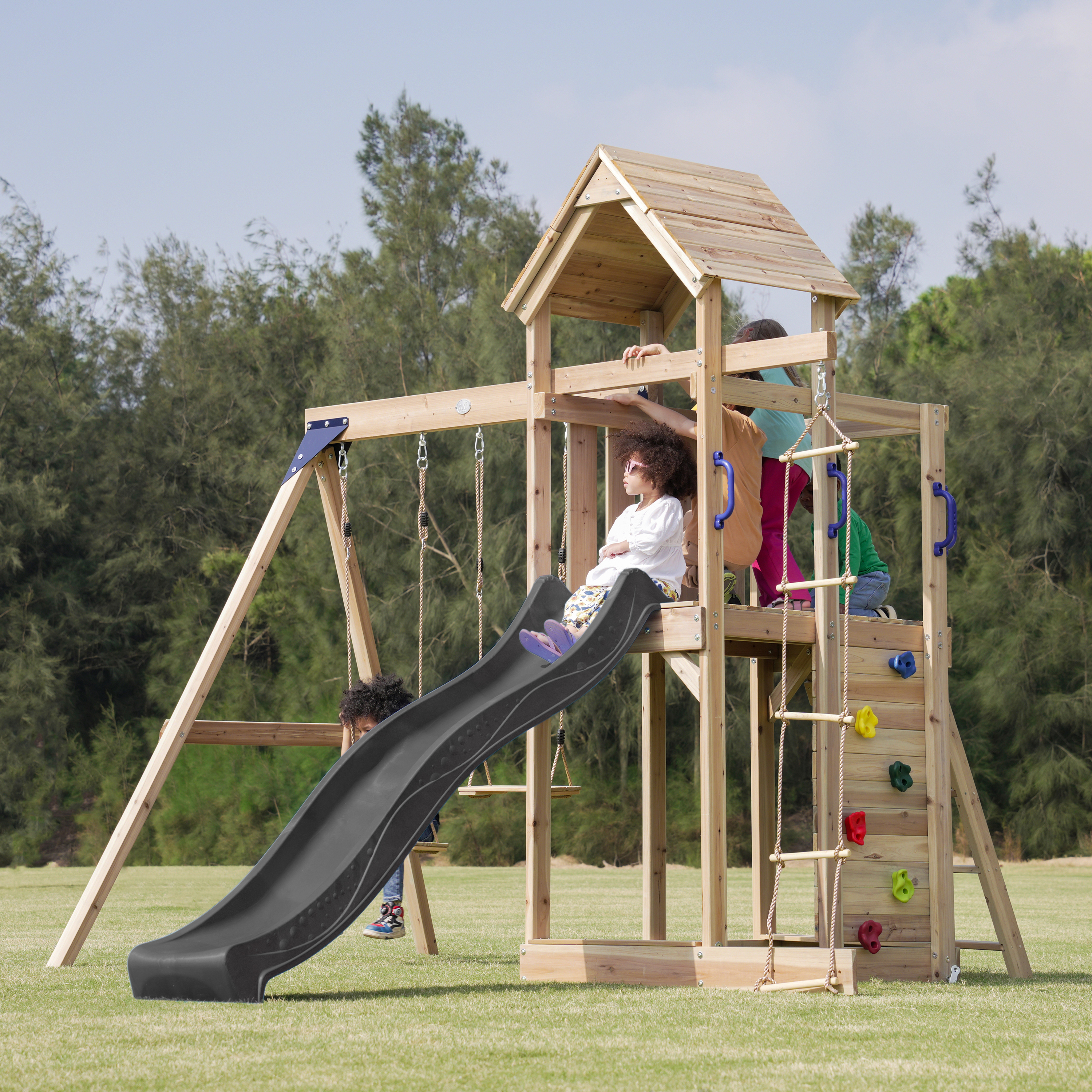 AXI Moos Spielturm mit Doppelschaukel und Strickleiter Braun - Graue Rutsche 