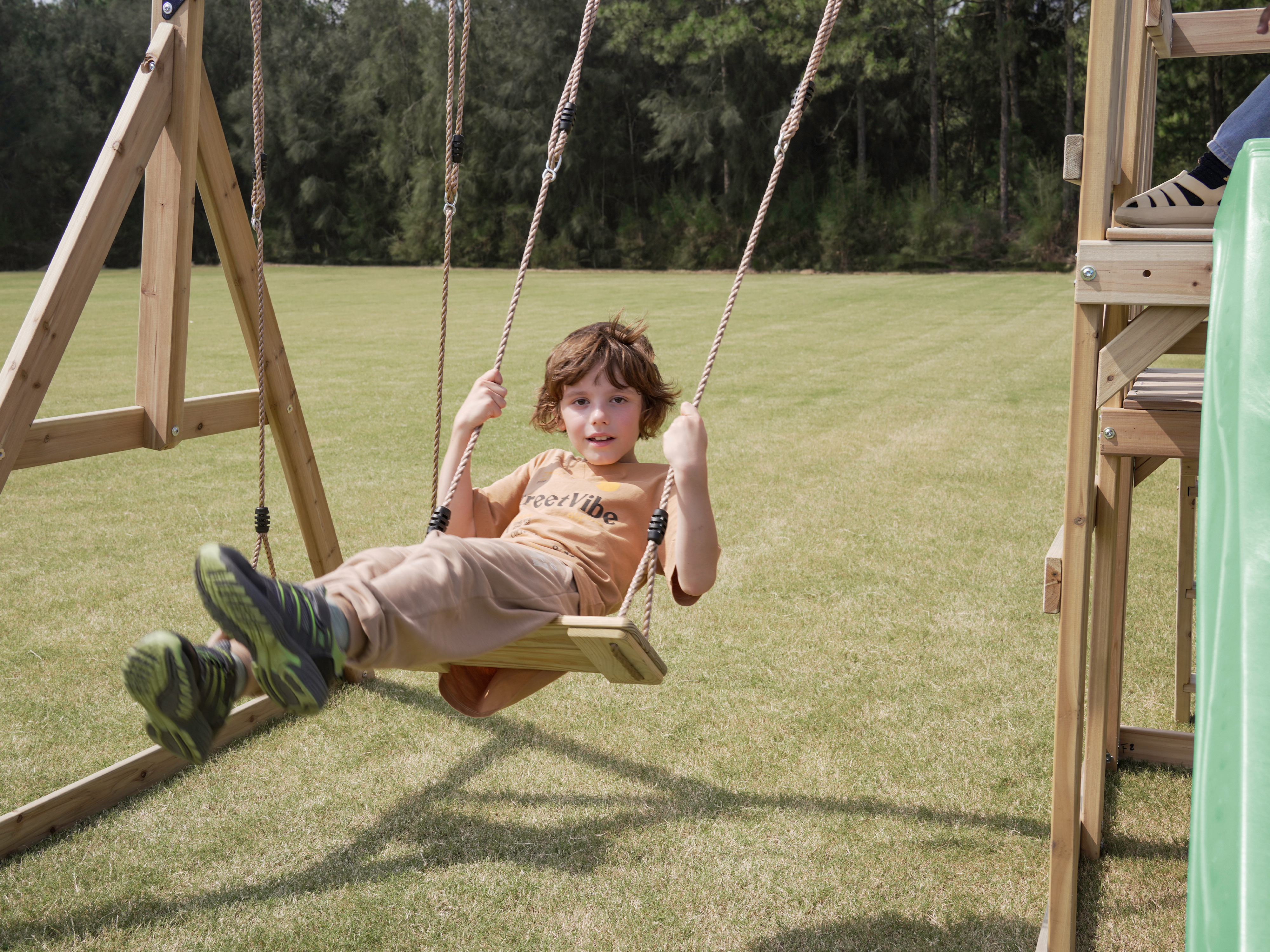 AXI Mette Climbing Frame with Double Swing Set and Picnic Table - Pastel Green Slide