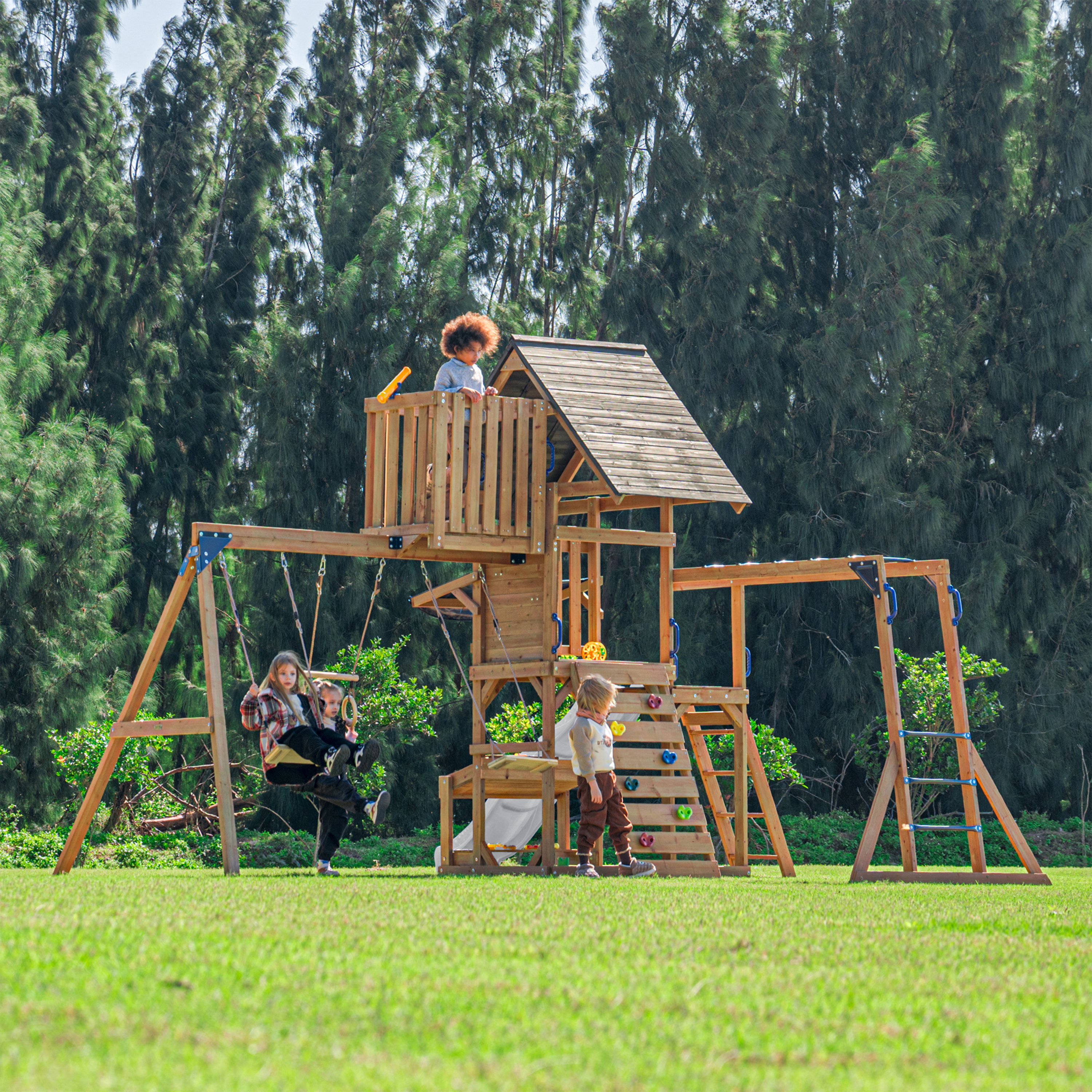 AXI Mitch Climbing Frame with Double Swing, Trapeze and Lookout Tower – White Slide
