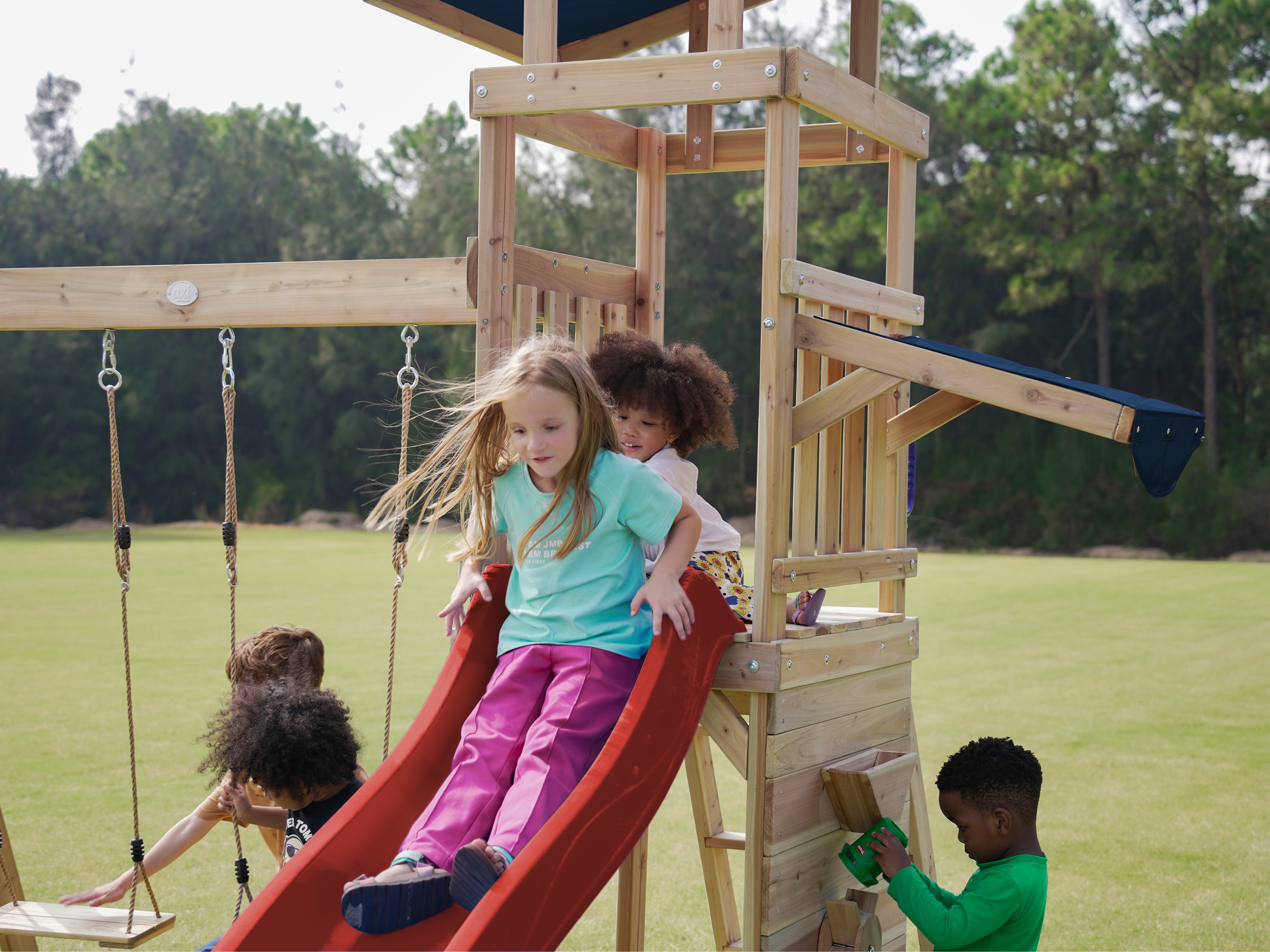 AXI Malik Climbing Frame with Double Swing Set - Red Slide