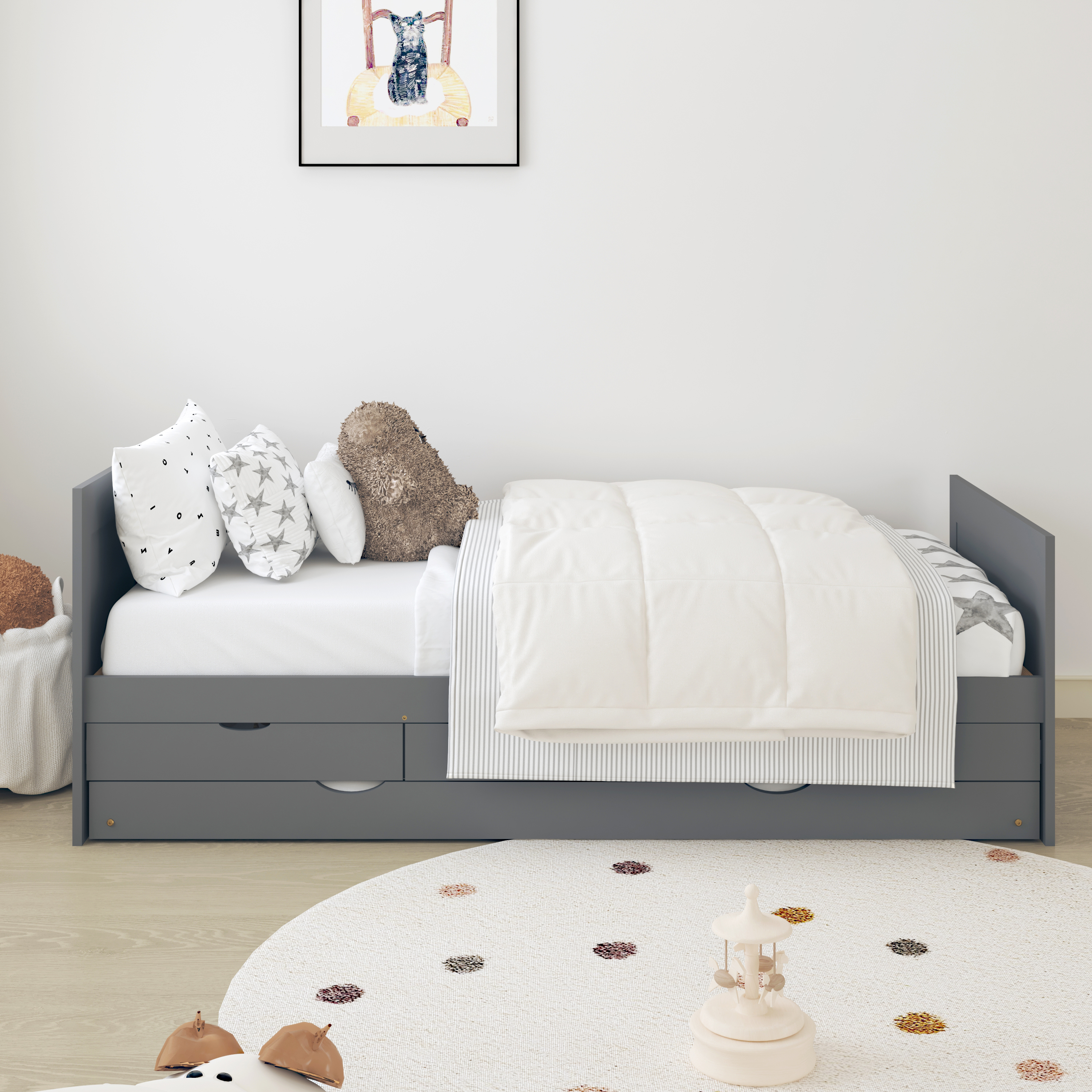 Sunny Eli Kids Bed with Trundle and 3 Storage Drawers Grey – Without Mattress