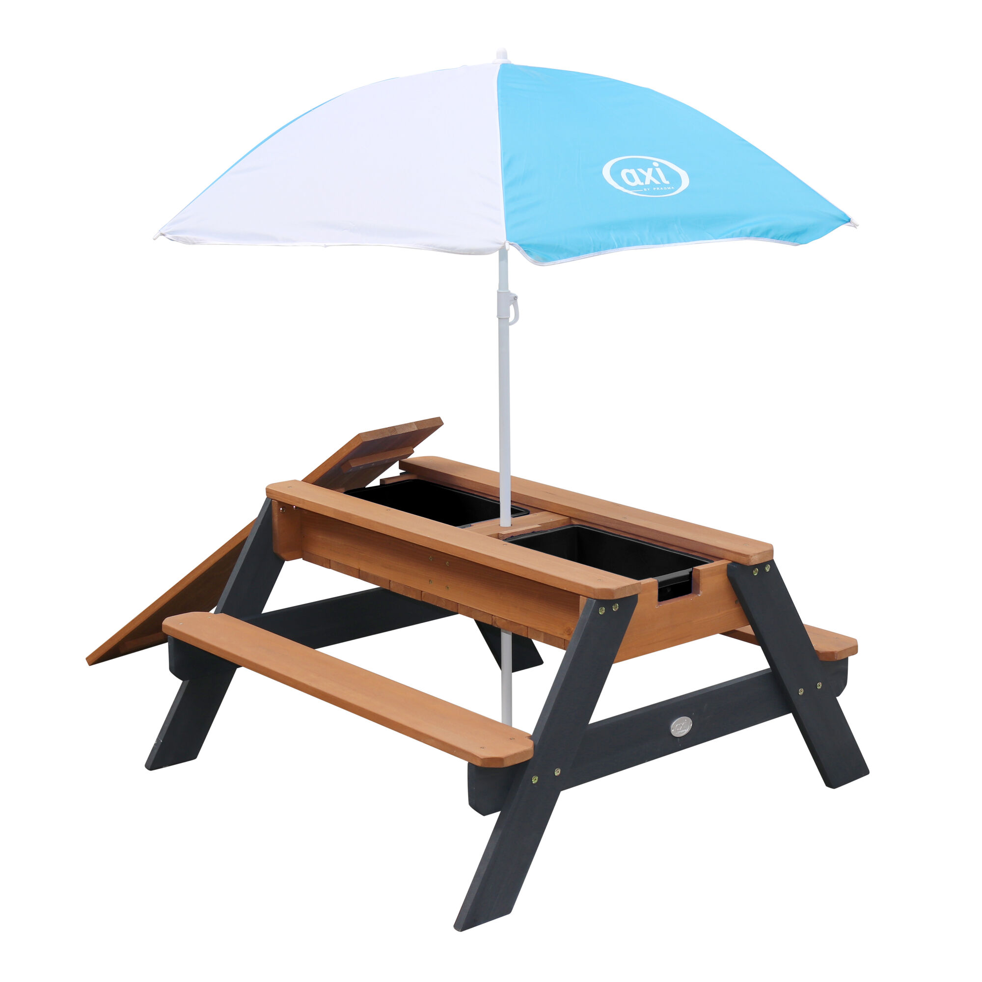 AXI Nick Zand & Water Picknicktafel Antraciet/bruin - Parasol Blauw/wit