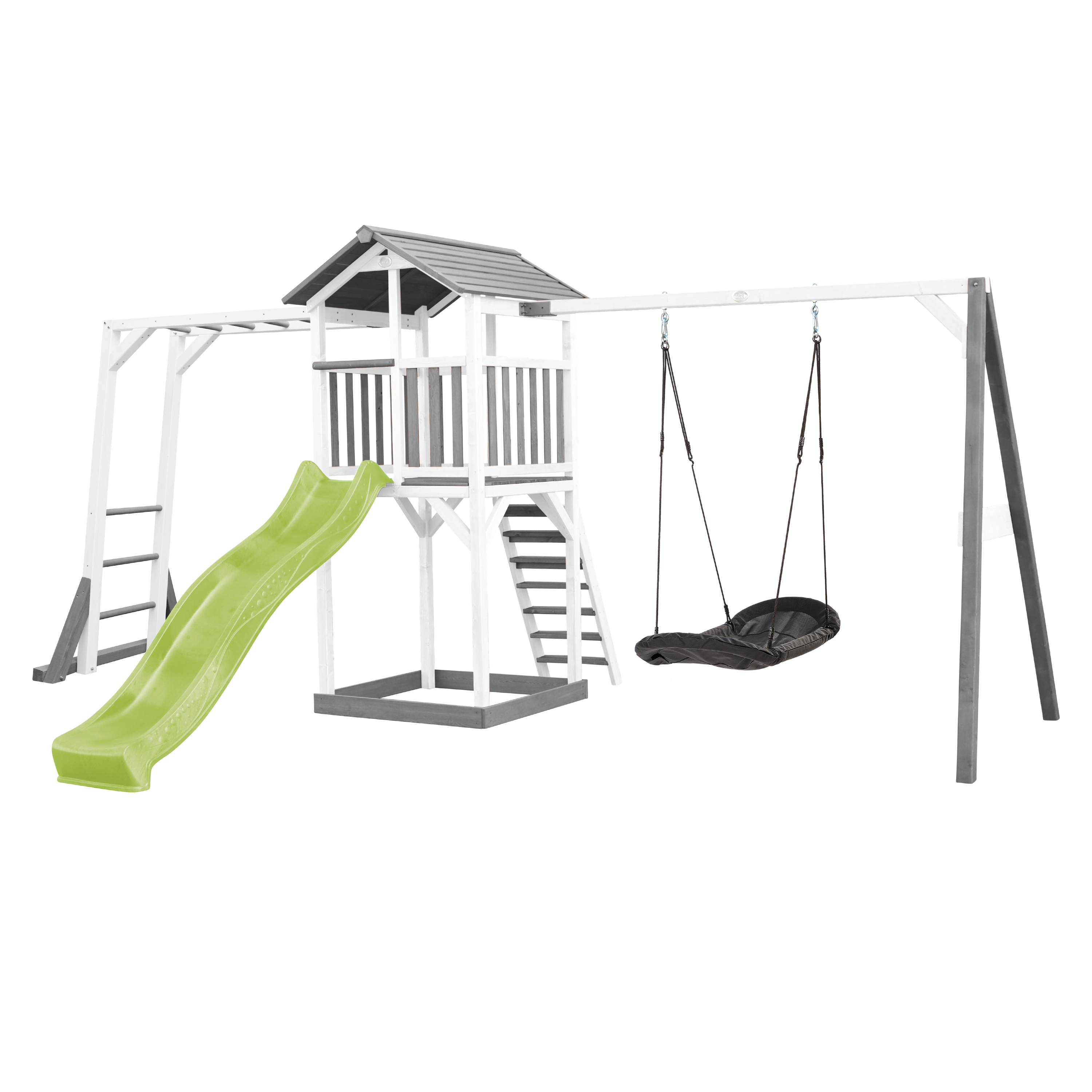 AXI Beach Tower with Climbing Frame and Roxy Nest Swing Set Grey/White - Lime Green Slide