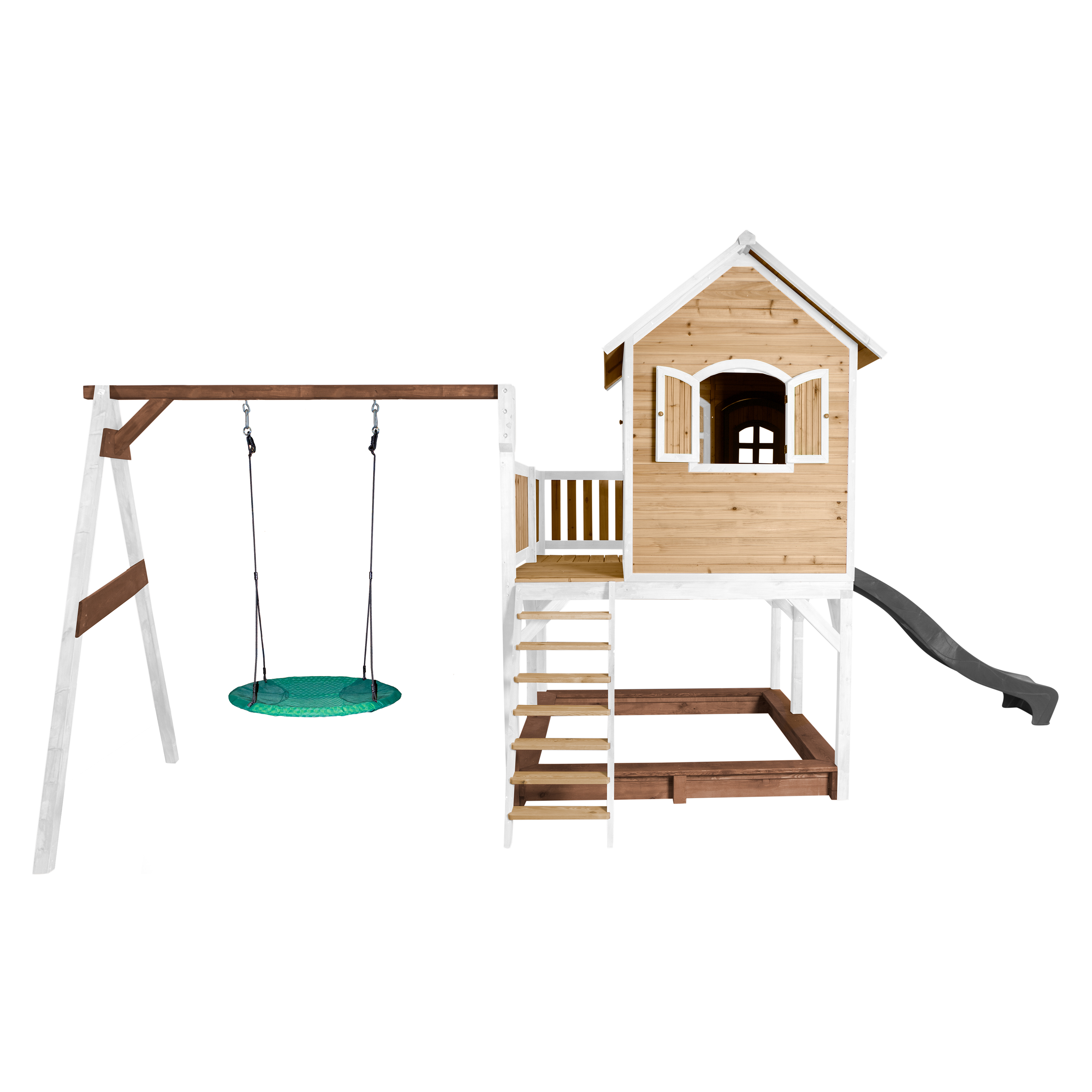 AXI Liam Playhouse with Summer Nest Swing Set Brown/White - Grey Slide-8717973937524 AXI Liam Playhouse with Summer Nest Swing Set Brown/White - Grey Slide