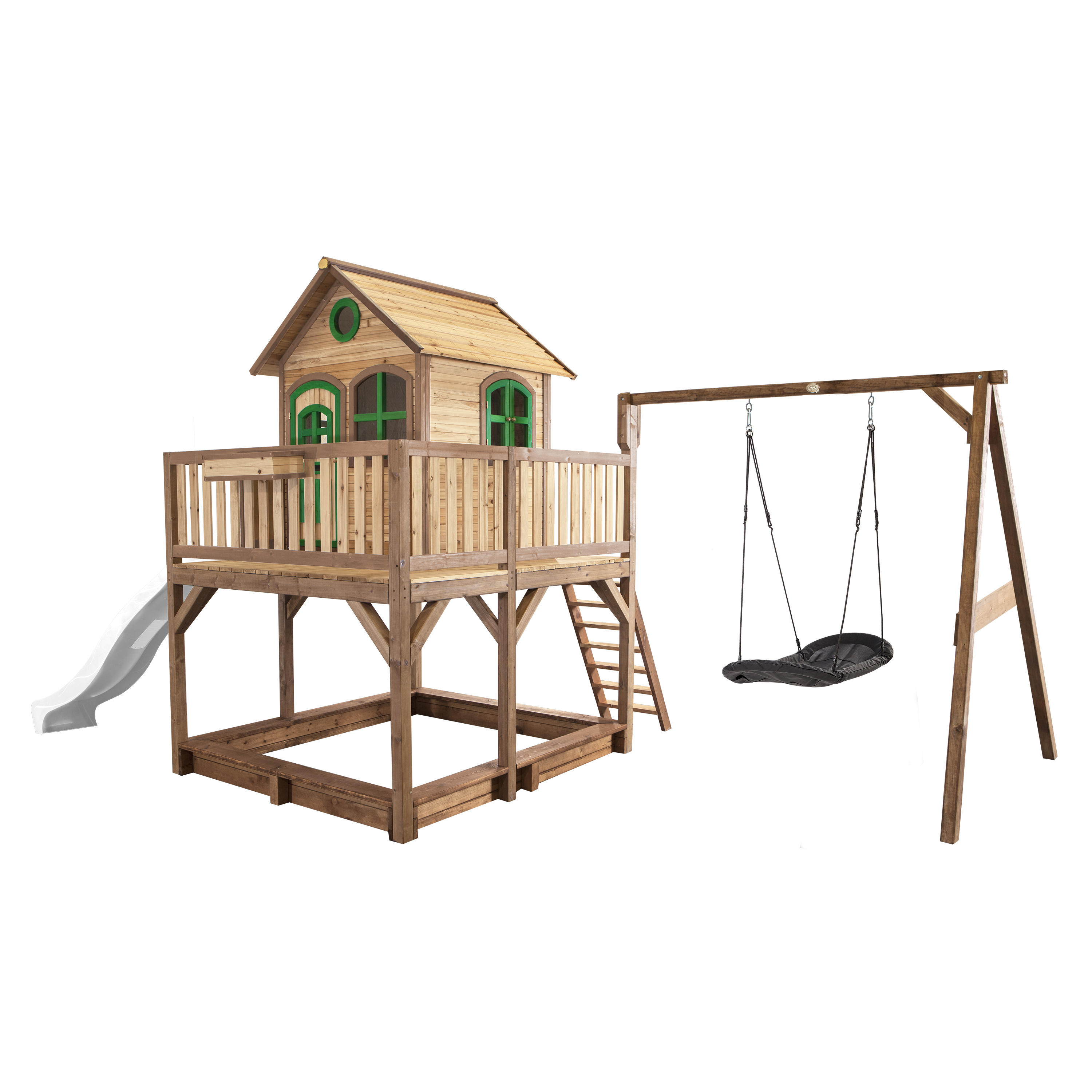 AXI Liam Playhouse with Roxy Nest Swing Set Brown/Green - White Slide-8717973937852 AXI Liam Playhouse with Roxy Nest Swing Set Brown/Green - White Slide