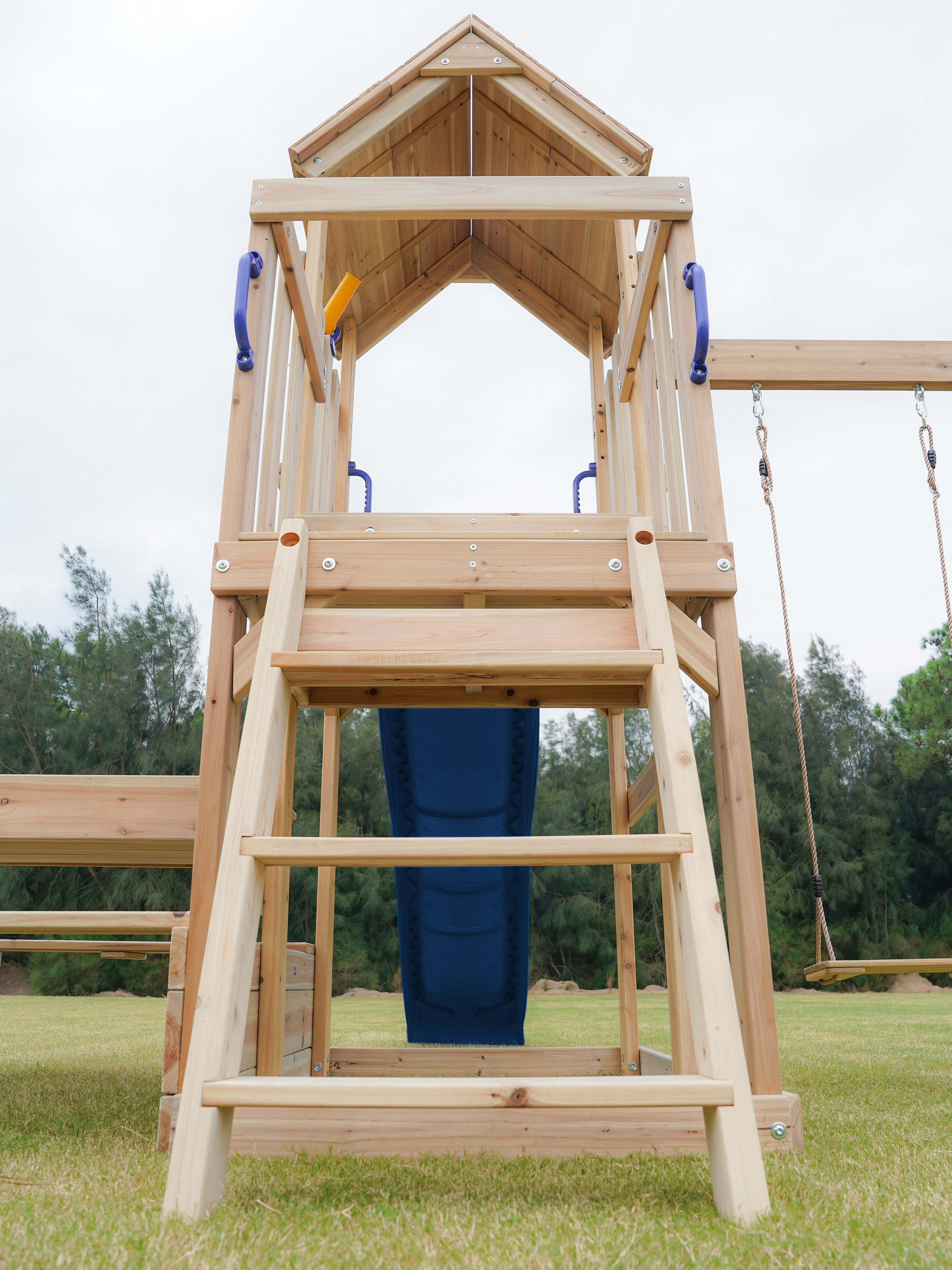 AXI Mette Climbing Frame with Double Swing Set and Picnic Table - Blue Slide