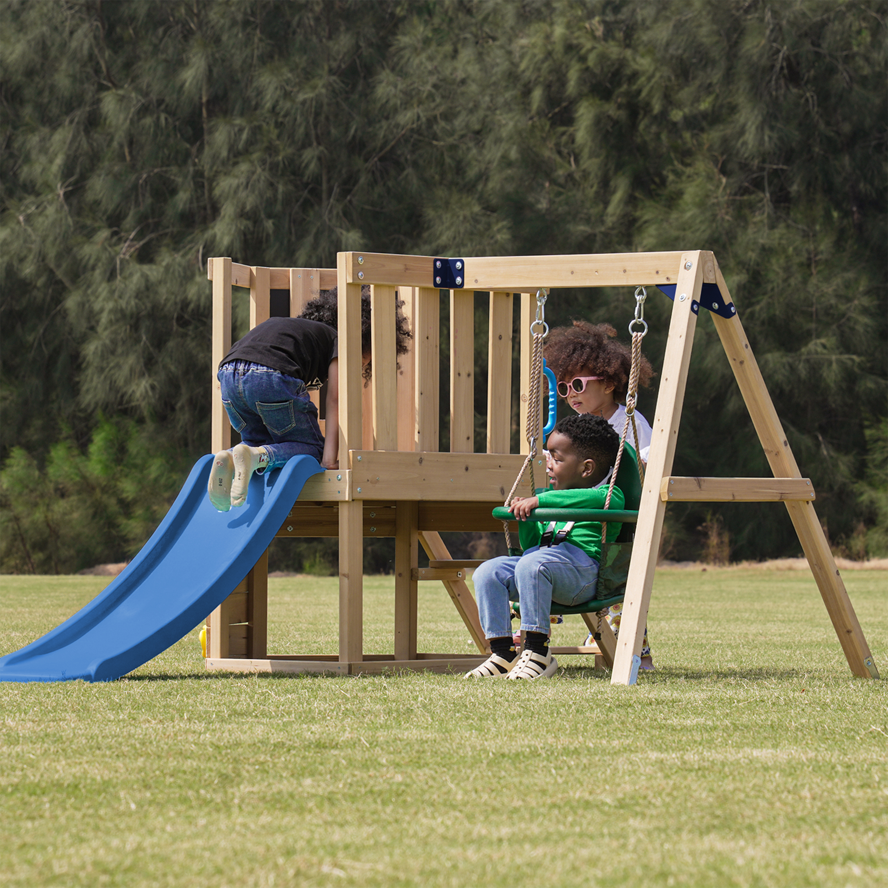 AXI Timo Mini Climbing Frame with Baby Swing, Climbing Wall and Chalkboard – Blue Slide