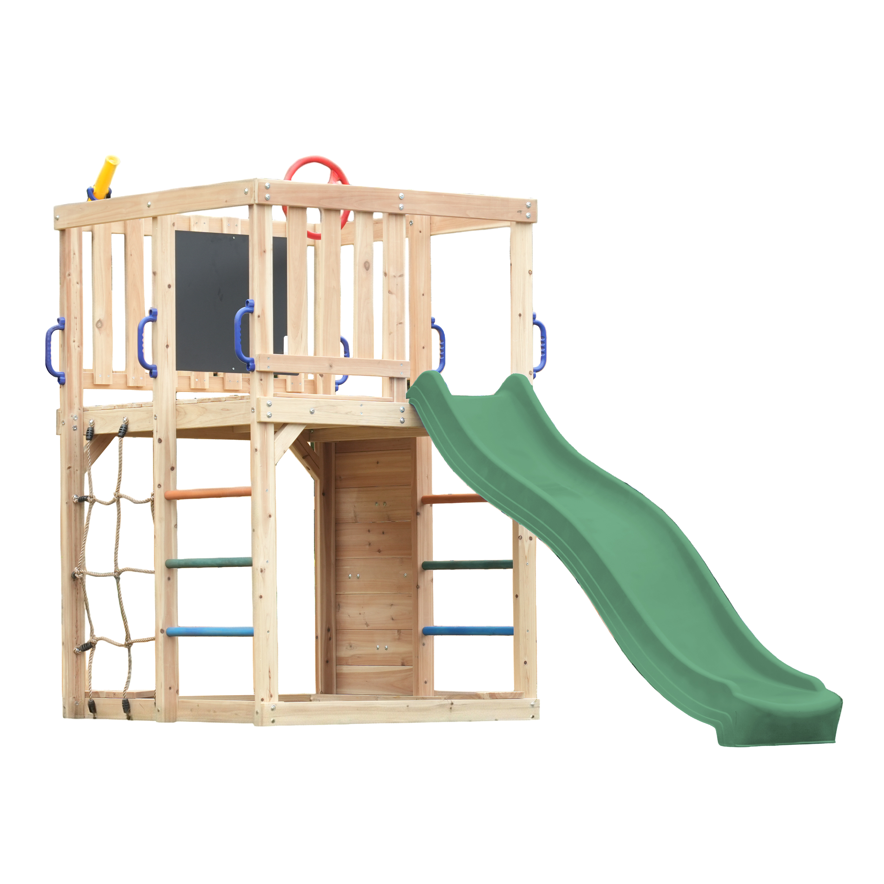 AXI Sam Climbing Frame with Climbing Wall. Climbing Net and Monkey Bars – Green Slide