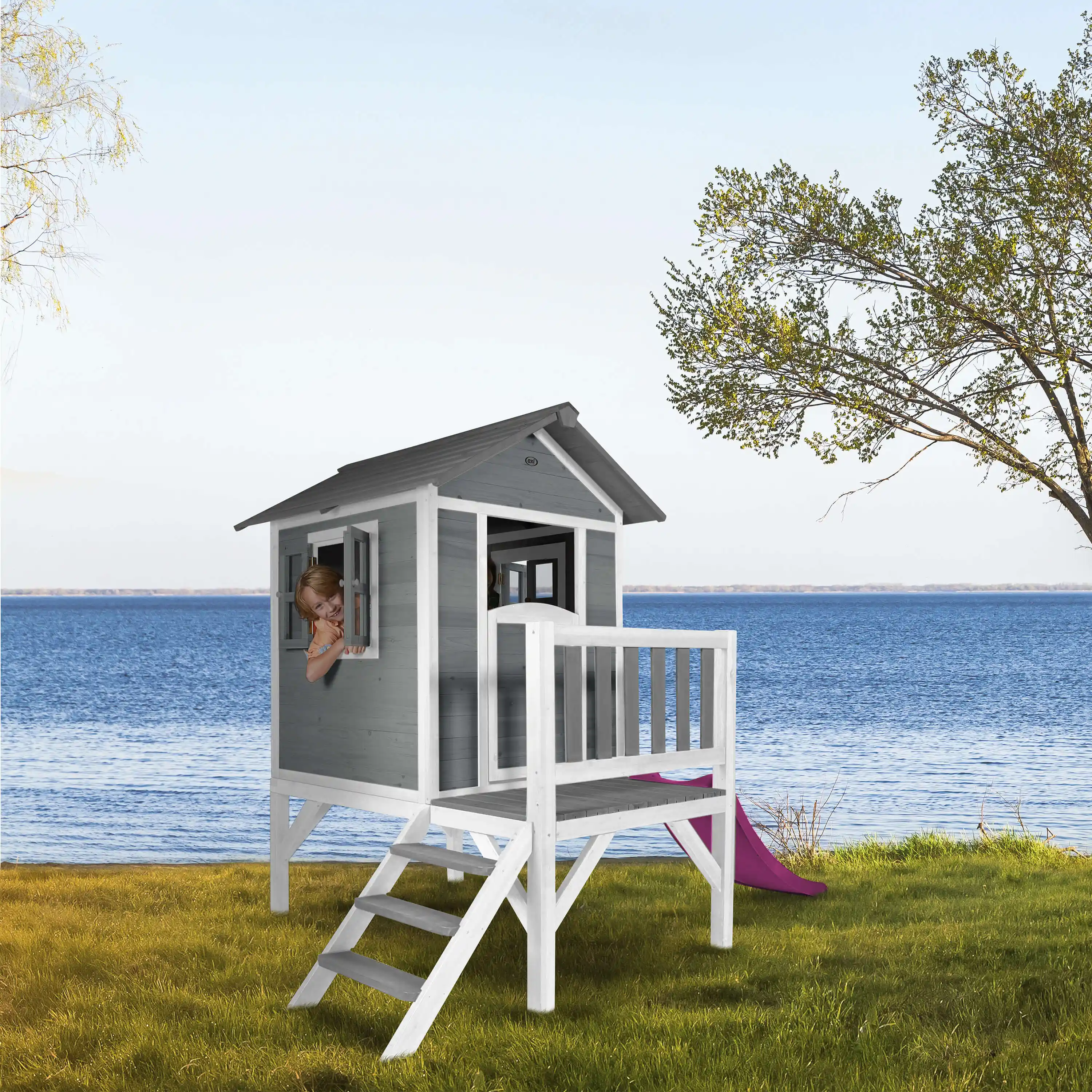AXI Lodge XL Speelhuis Cool Grijs - Paarse Glijbaan