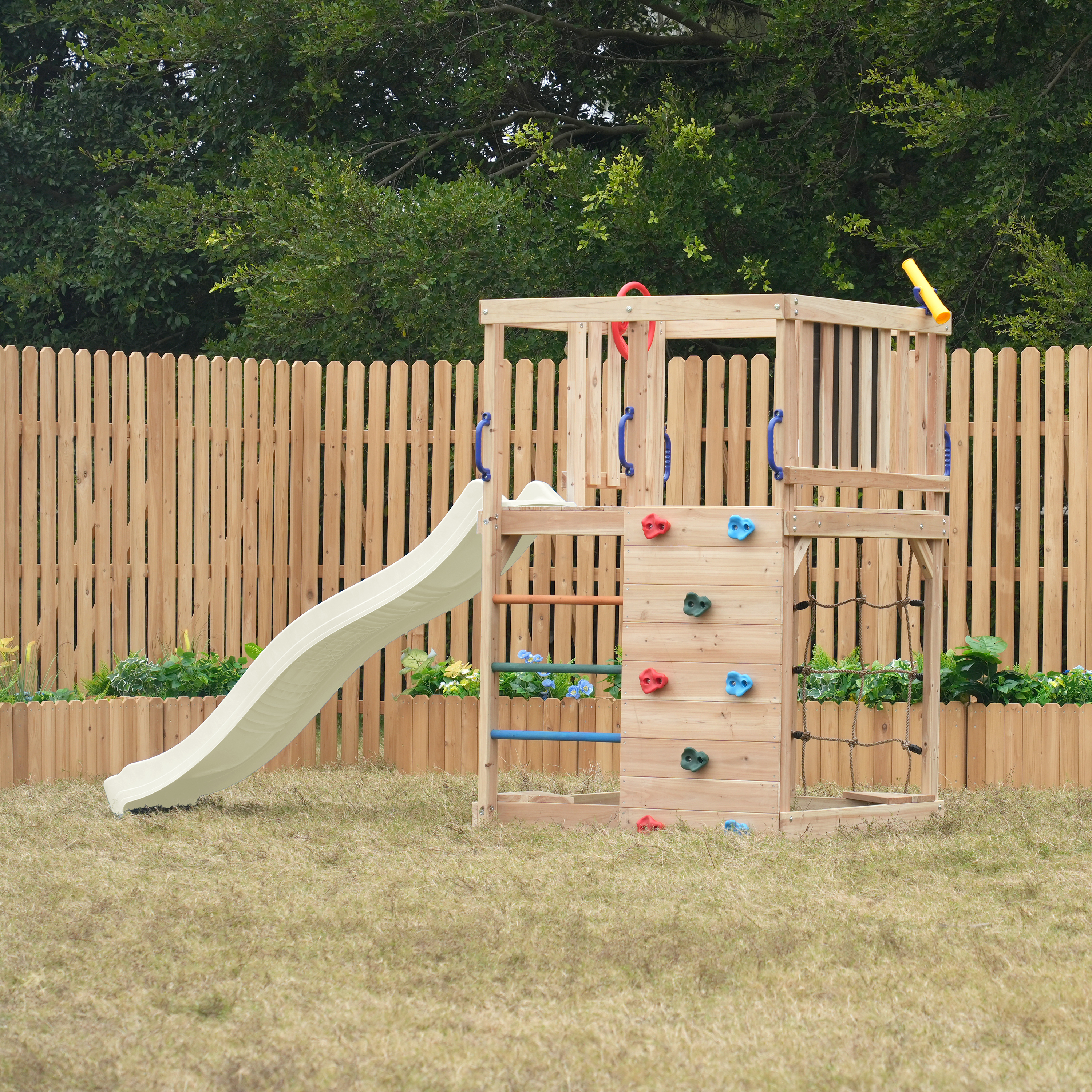 AXI Sam Climbing Frame with Climbing Wall. Climbing Net and Monkey Bars – Cream Slide