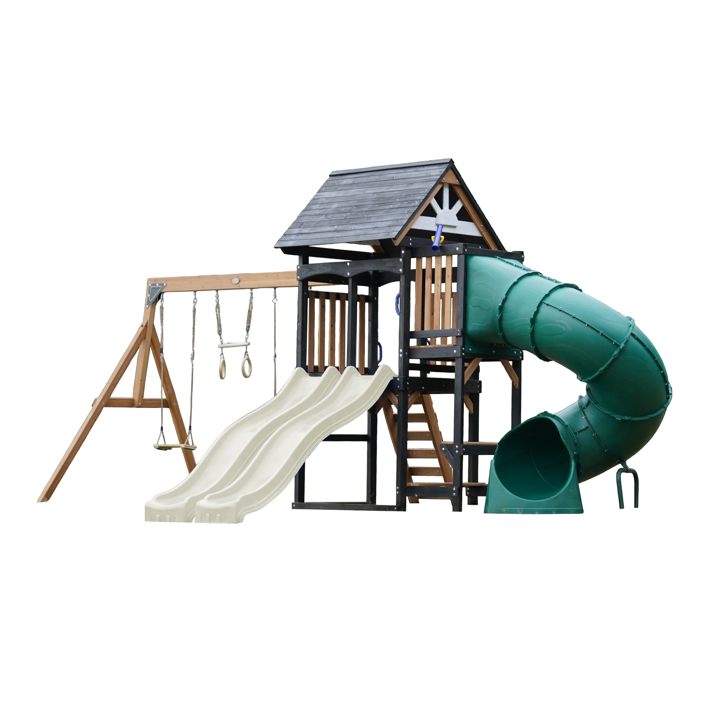AXI Cody Climbing Frame with Swings, Trapeze and Climbing Wall – Cream Double Slide and Tube Slide