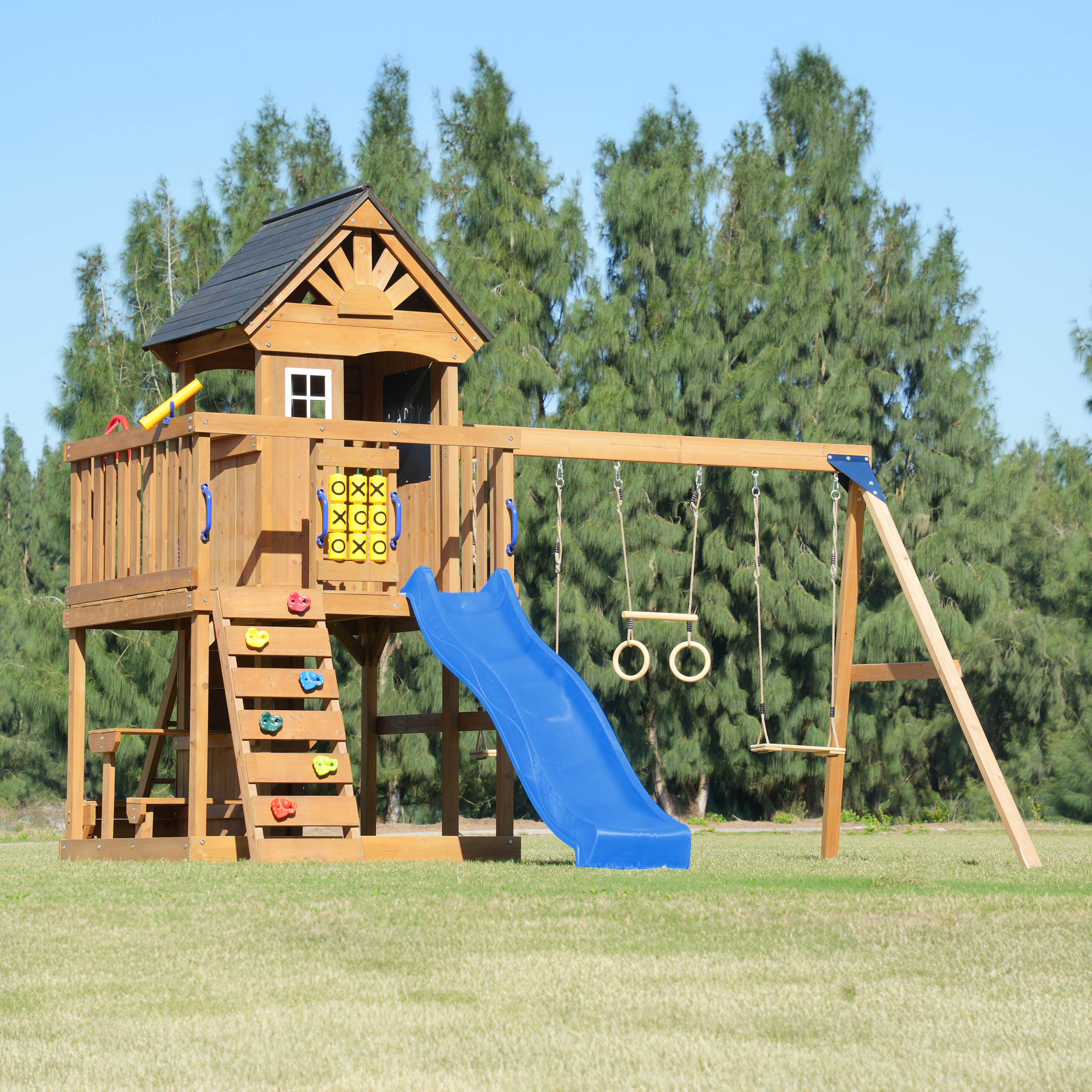 AXI Jack Climbing Frame with Double Swing and Trapeze – Blue Slide