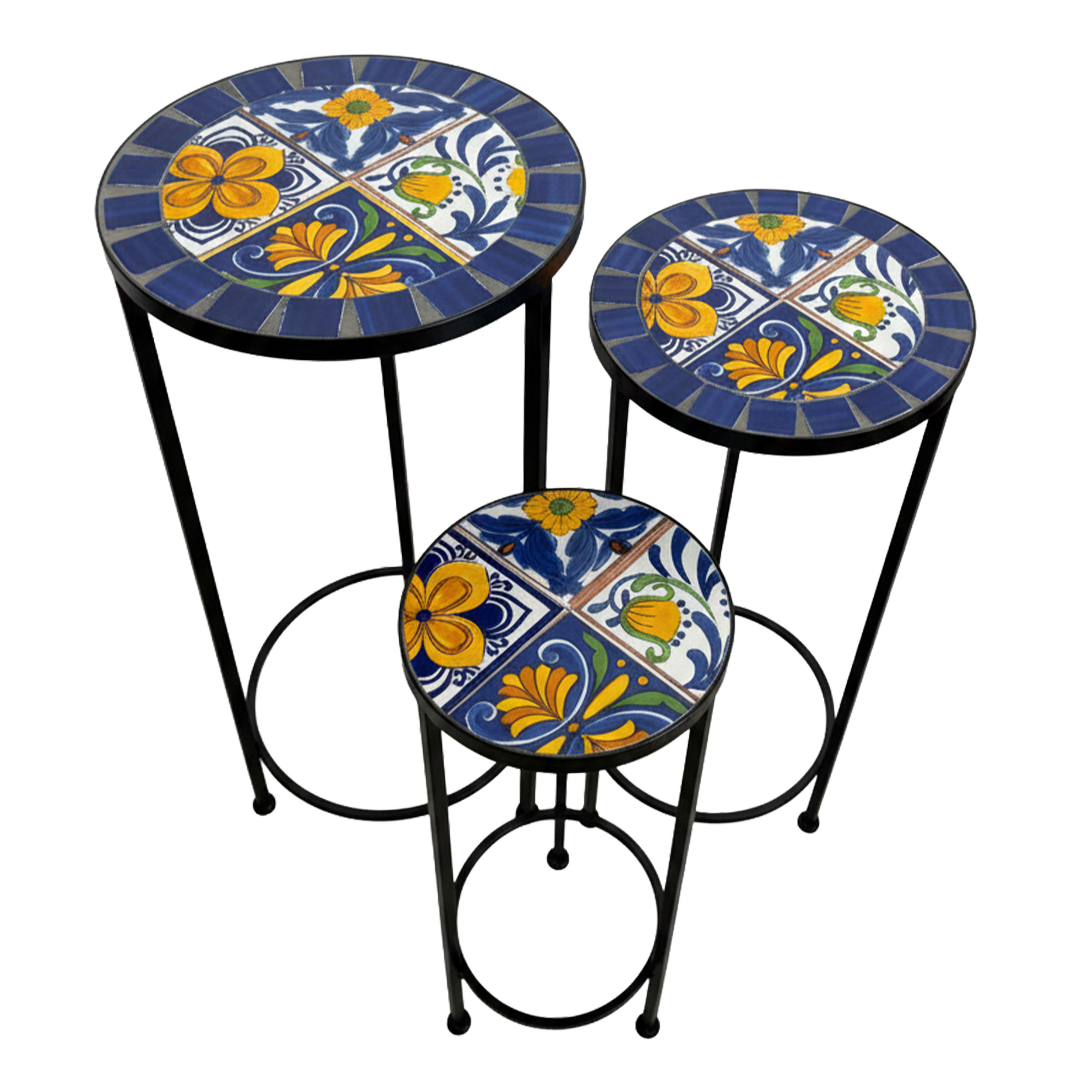 AXI Lola Mosaic Plant Table Round Mediterranean Style – Blue/Yellow – Set of 3