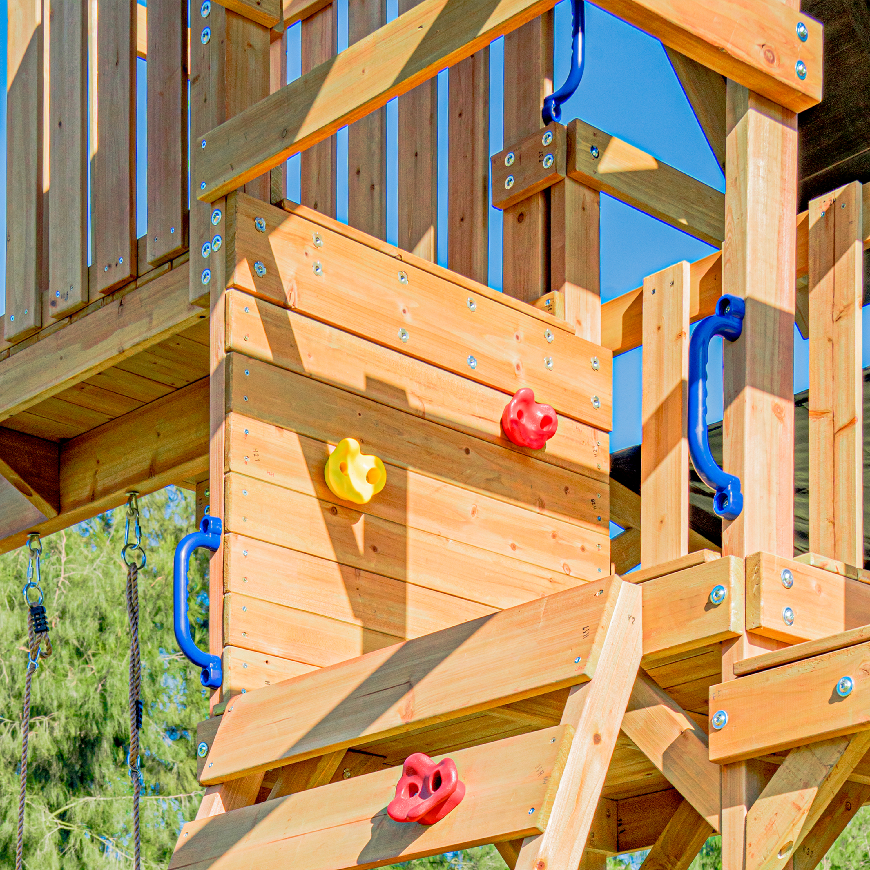 AXI Mitch Climbing Frame with Double Swing. Trapeze and Lookout Tower – Blue Slide