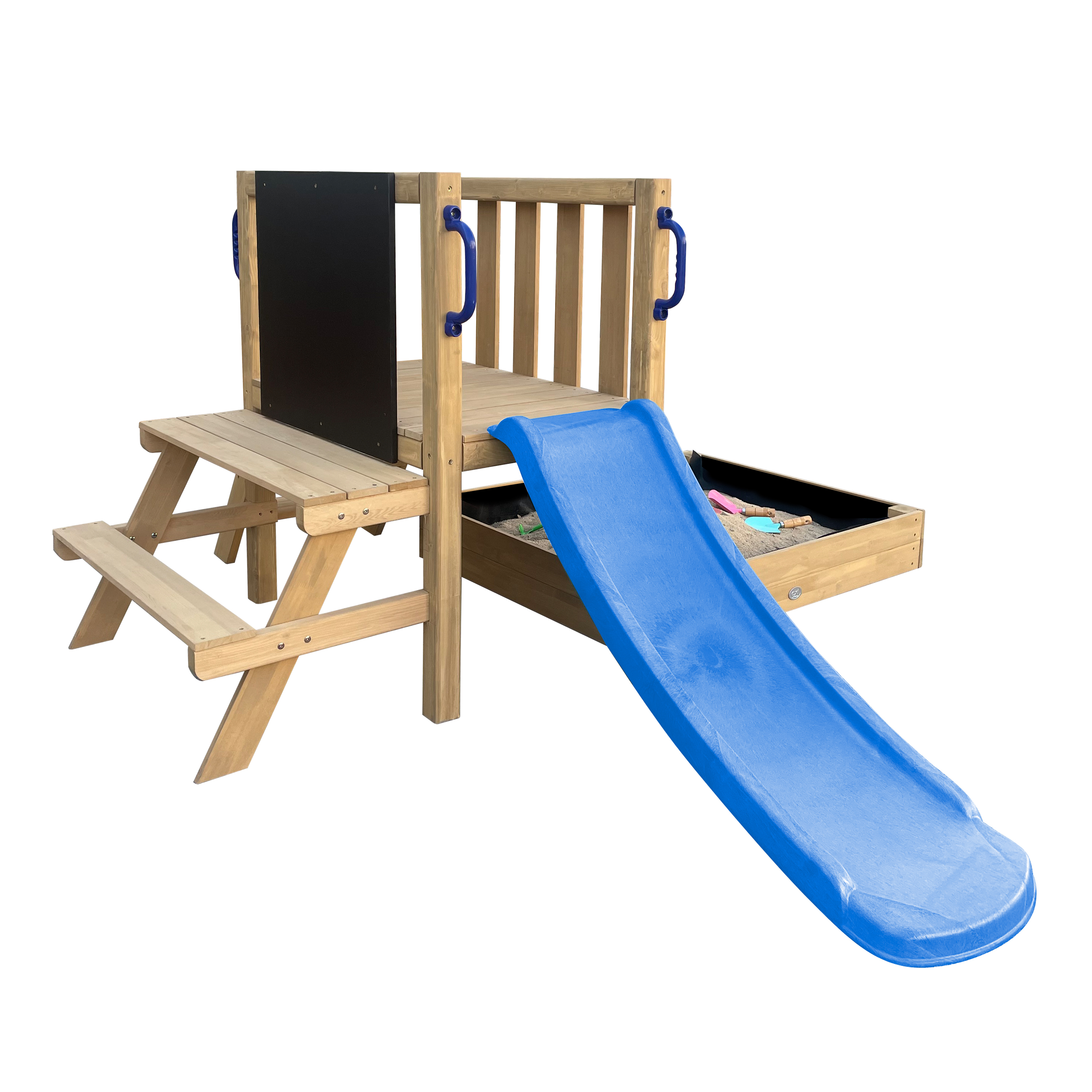 AXI Leah Mini Wooden Playtower with Sandbox. Picnic Table & Chalkboard – Blue Slide 