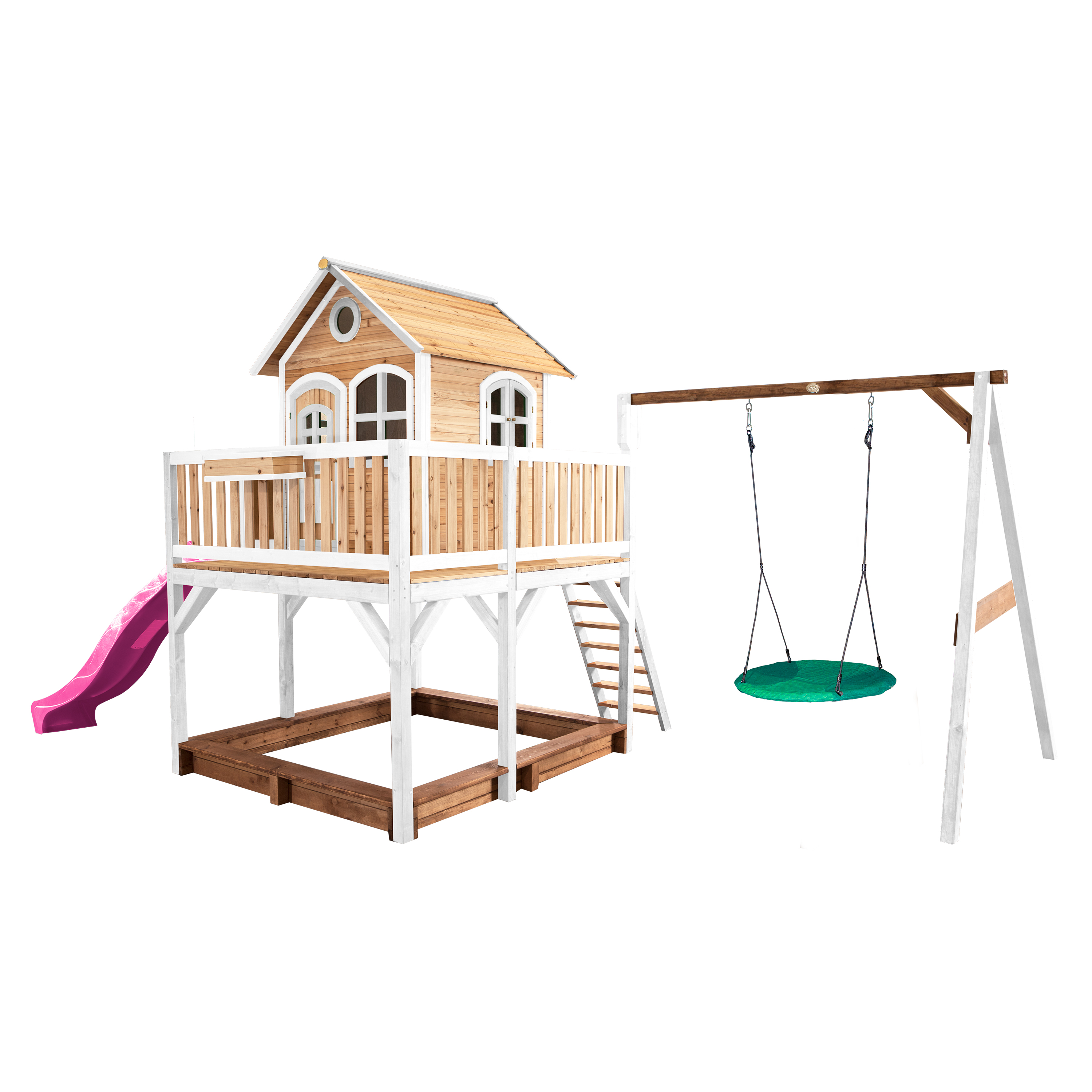 AXI Liam Playhouse with Summer Nest Swing Set Brown/White - Purple Slide-8717973932789 AXI Liam Playhouse with Summer Nest Swing Set Brown/White - Purple Slide