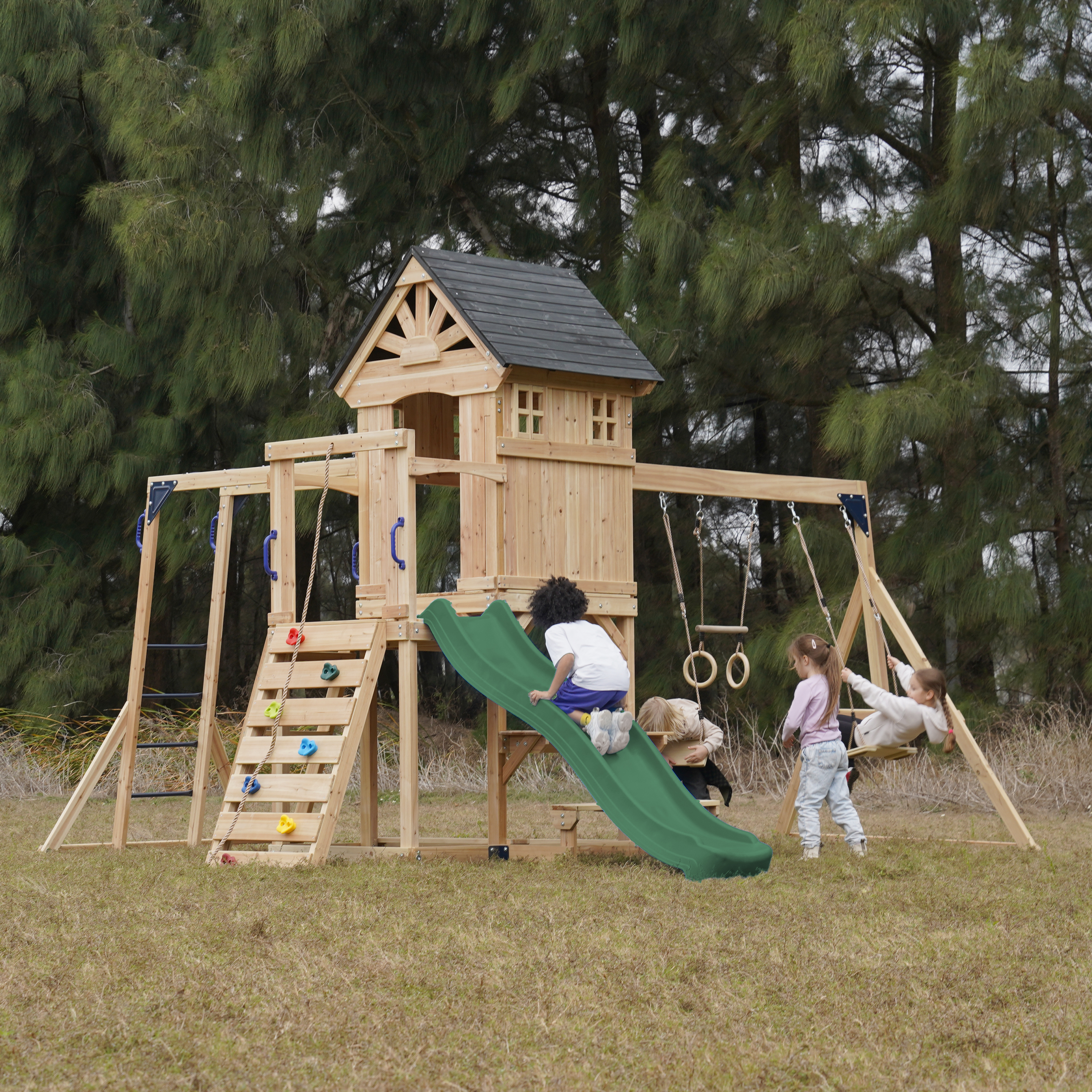 AXI Duncan Climbing Frame with Swings, Climbing Frames and Monkey Bars – Green Slide