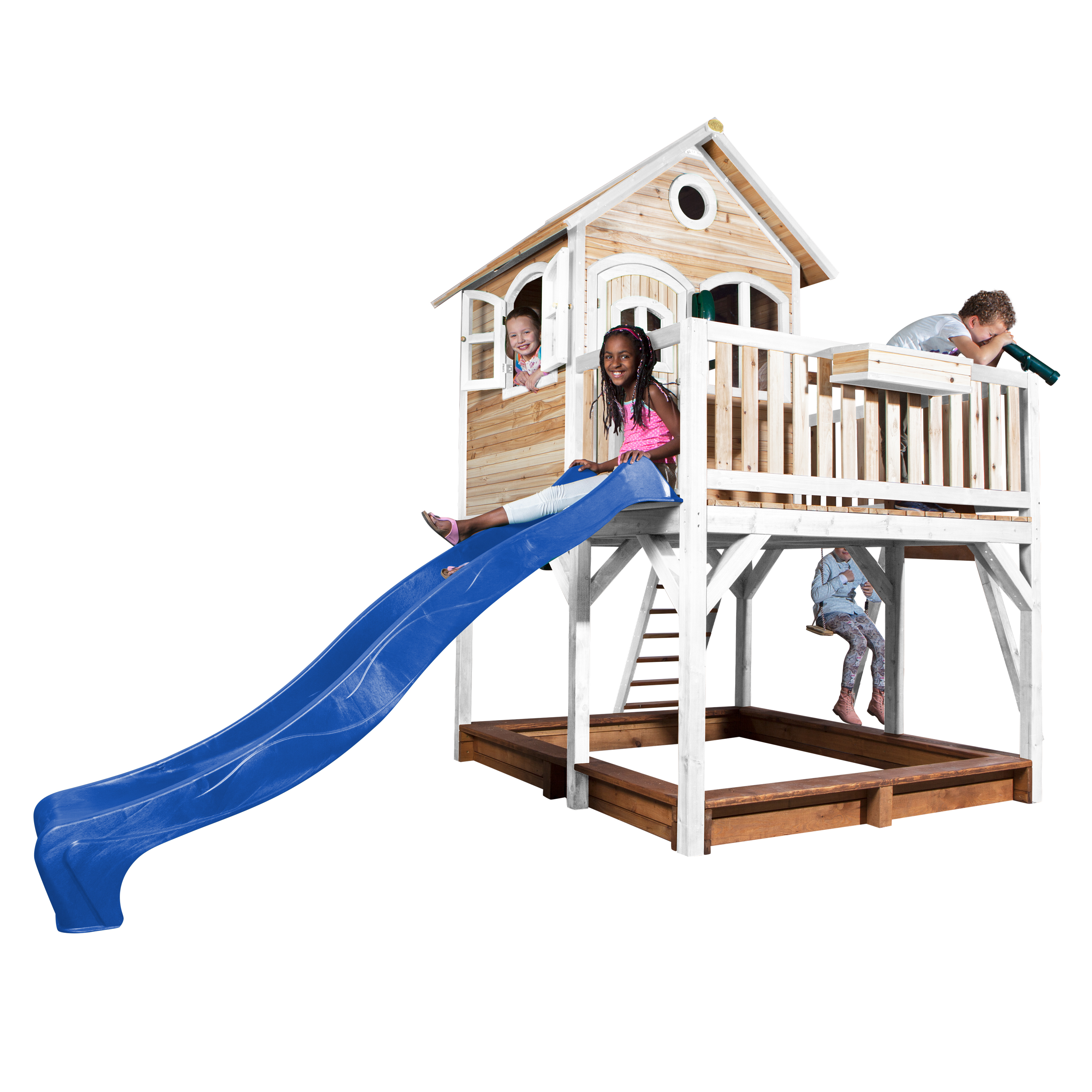 AXI Liam Playhouse with Double Swing Set Brown/White - Blue Slide