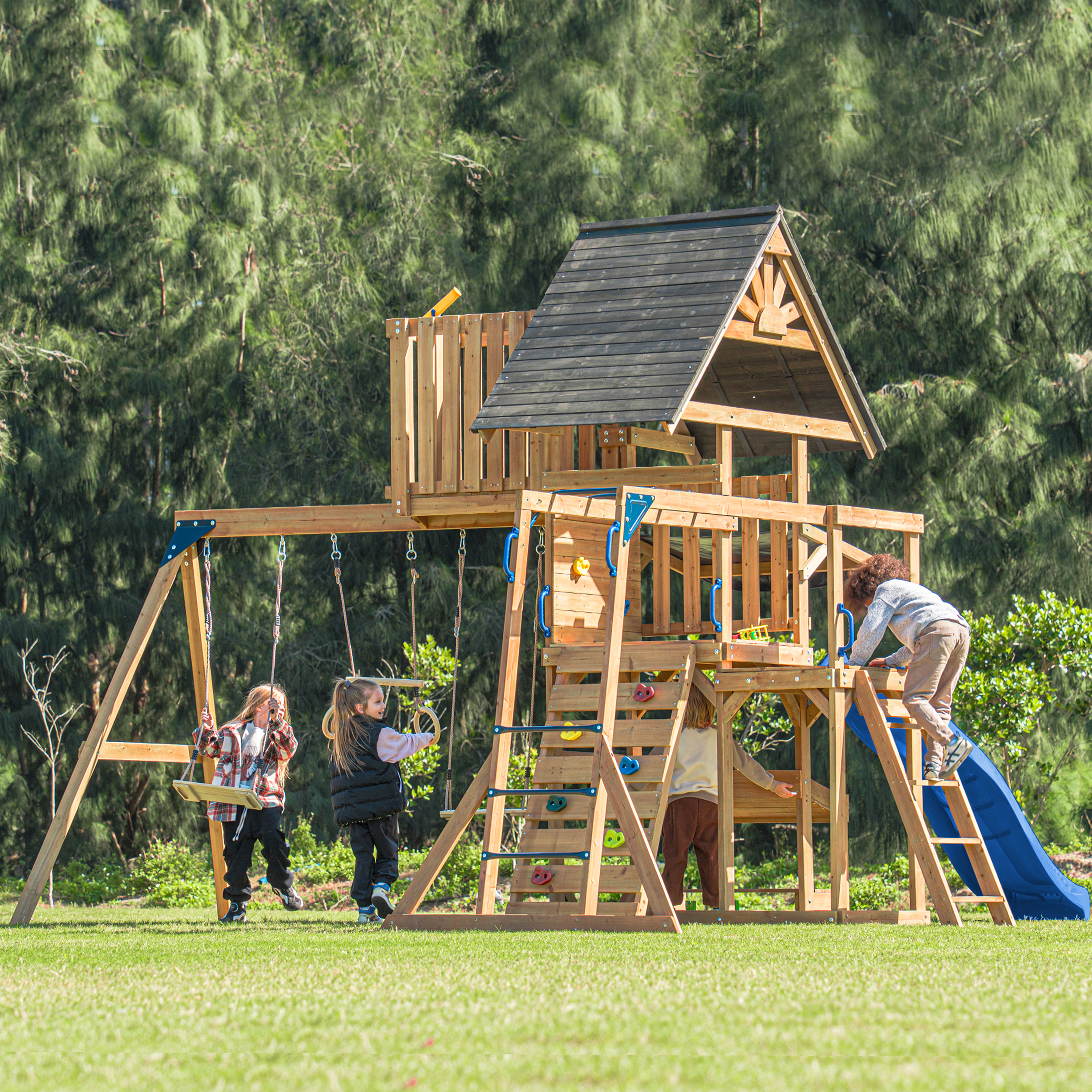 AXI Mitch Climbing Frame with Double Swing. Trapeze and Lookout Tower – Blue Slide
