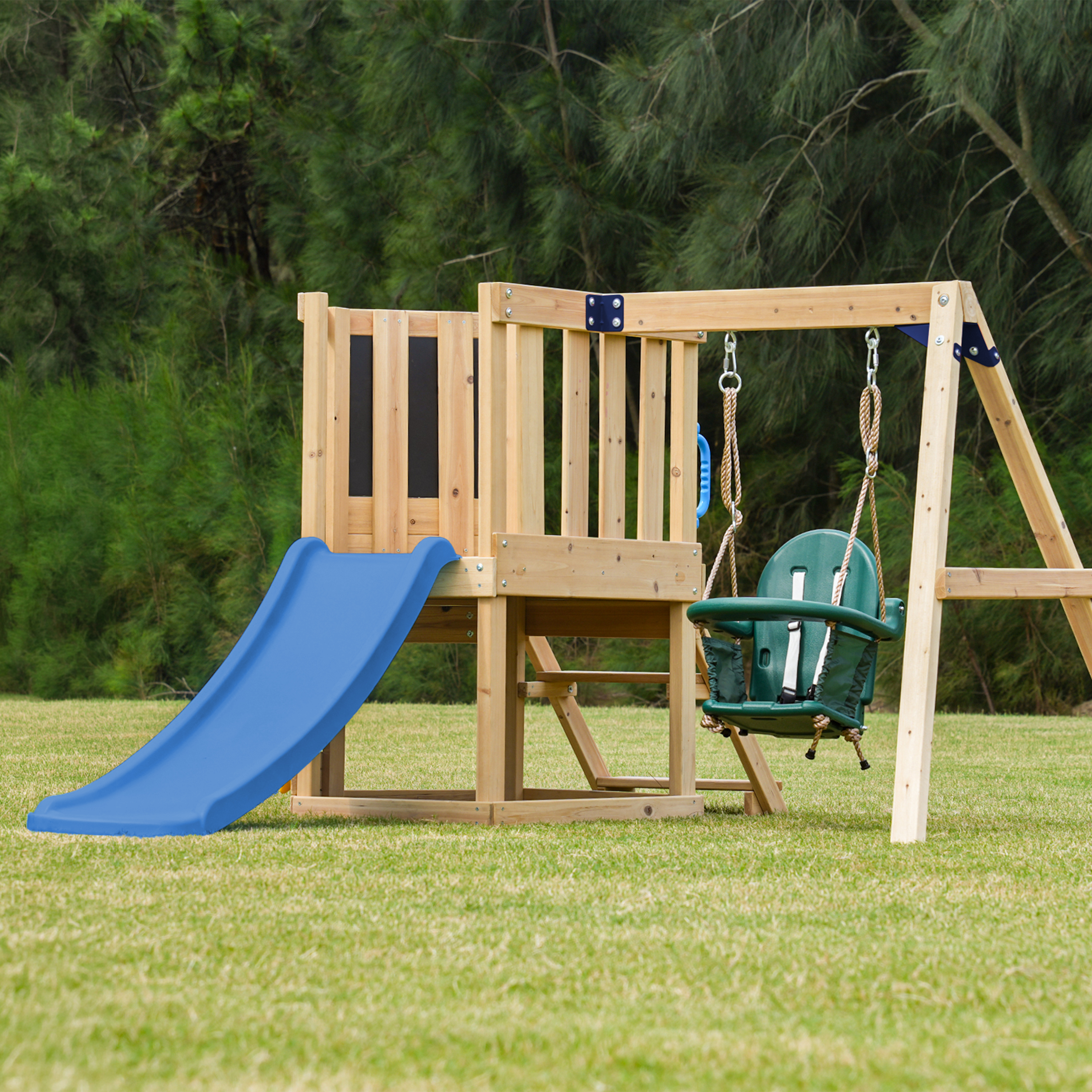 AXI Timo Mini Climbing Frame with Baby Swing, Climbing Wall and Chalkboard – Blue Slide