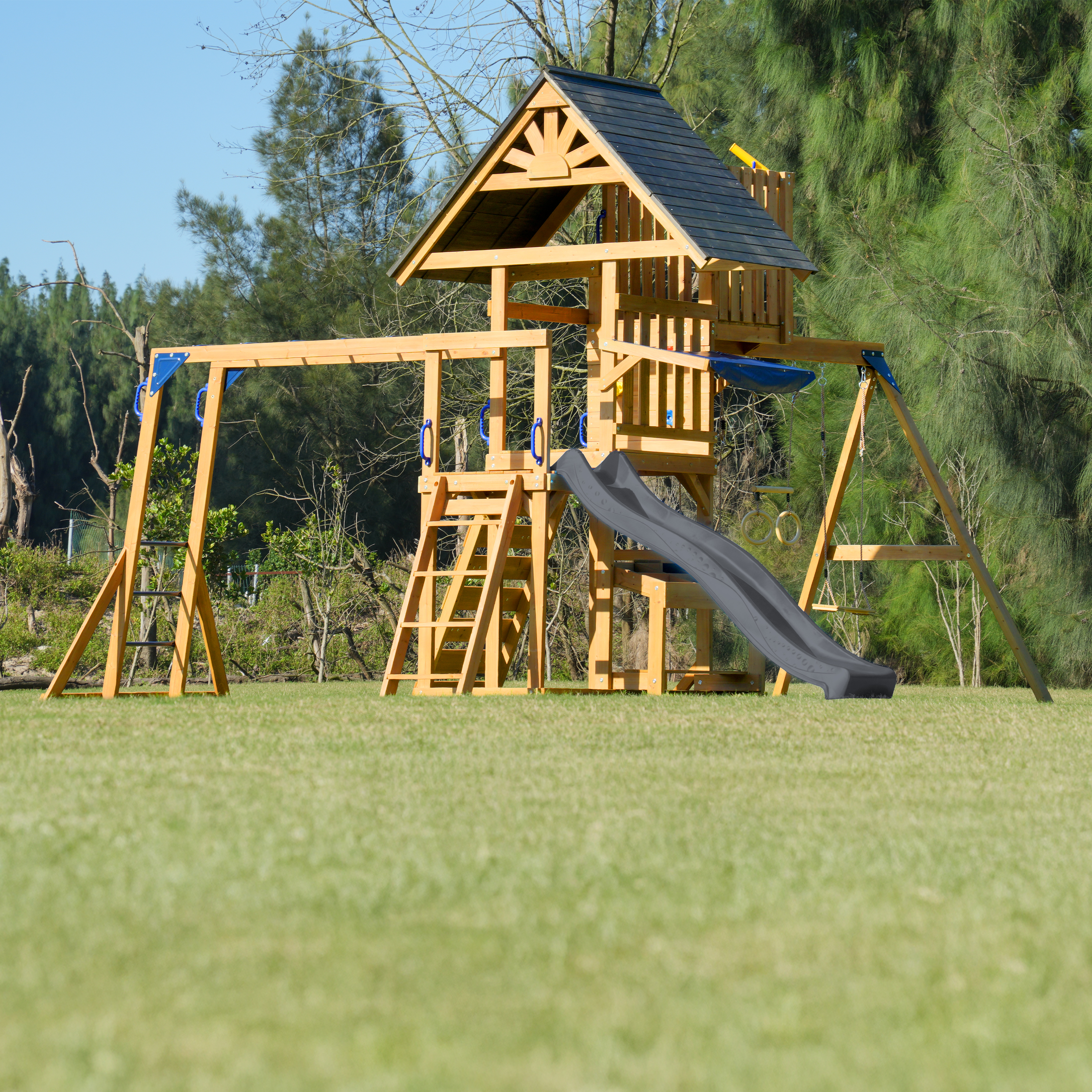 AXI Mitch Climbing Frame with Double Swing. Trapeze and Lookout Tower – Grey Slide
