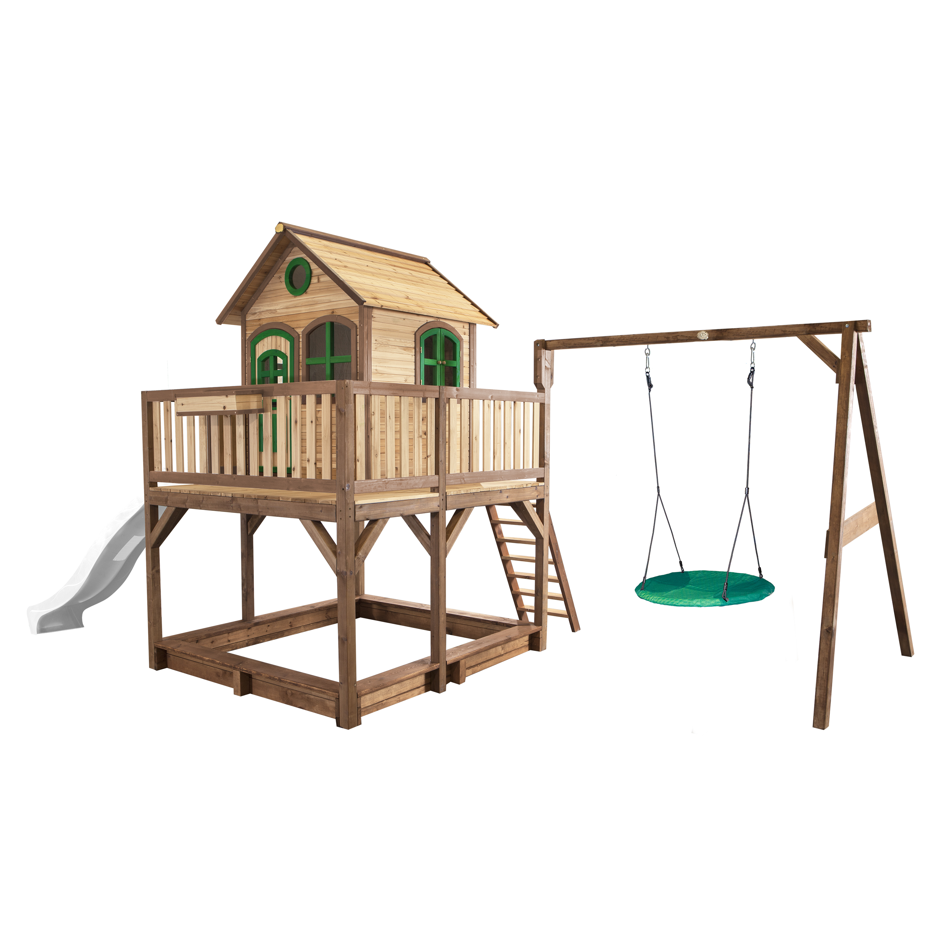AXI Liam Playhouse with Summer Nest Swing Set Brown/Green - White Slide-8717973937845 AXI Liam Playhouse with Summer Nest Swing Set Brown/Green - White Slide