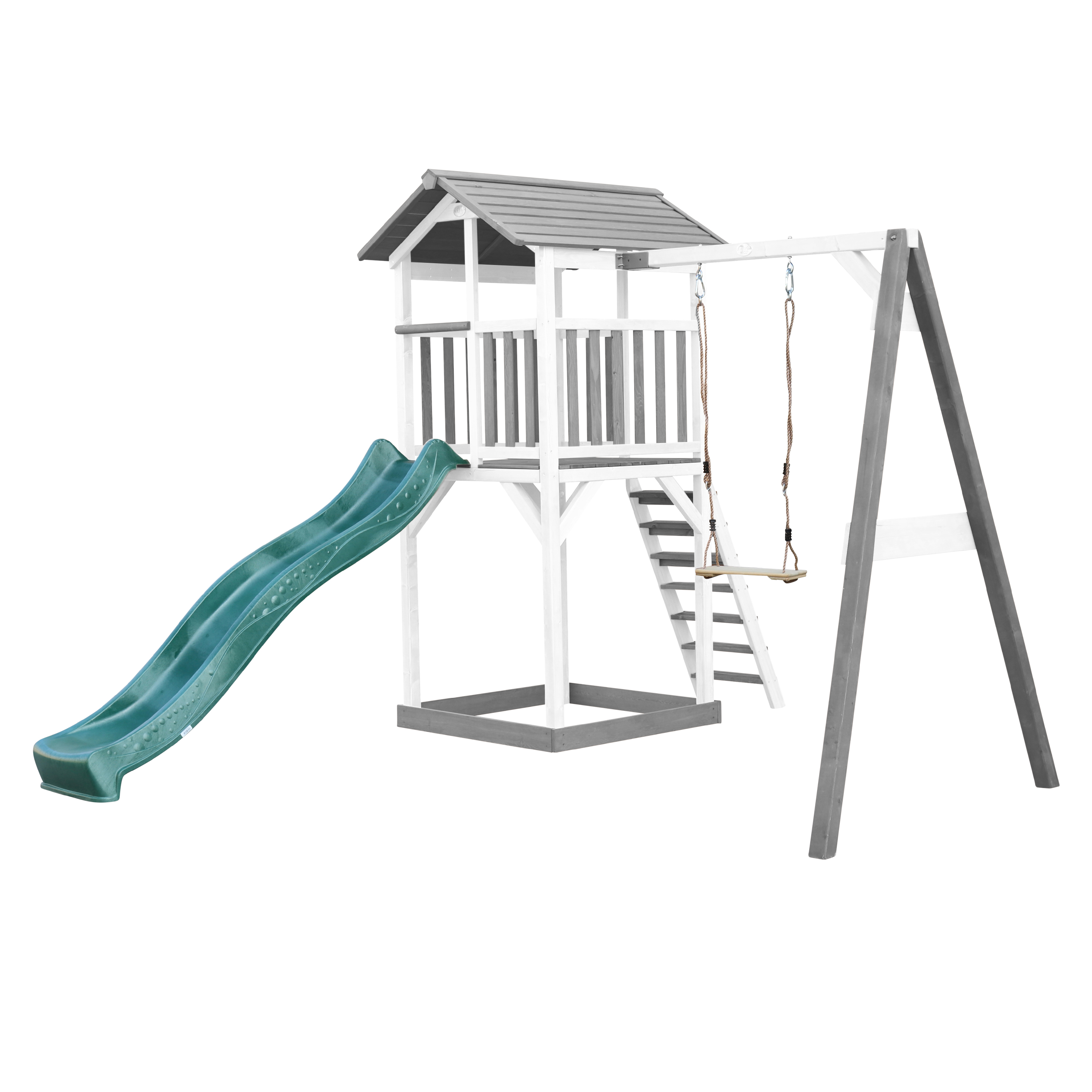 AXI Beach Tower with Single Swing Set Grey/White - Green Slide-8720365060038 AXI Beach Tower with Single Swing Set Grey/White - Green Slide