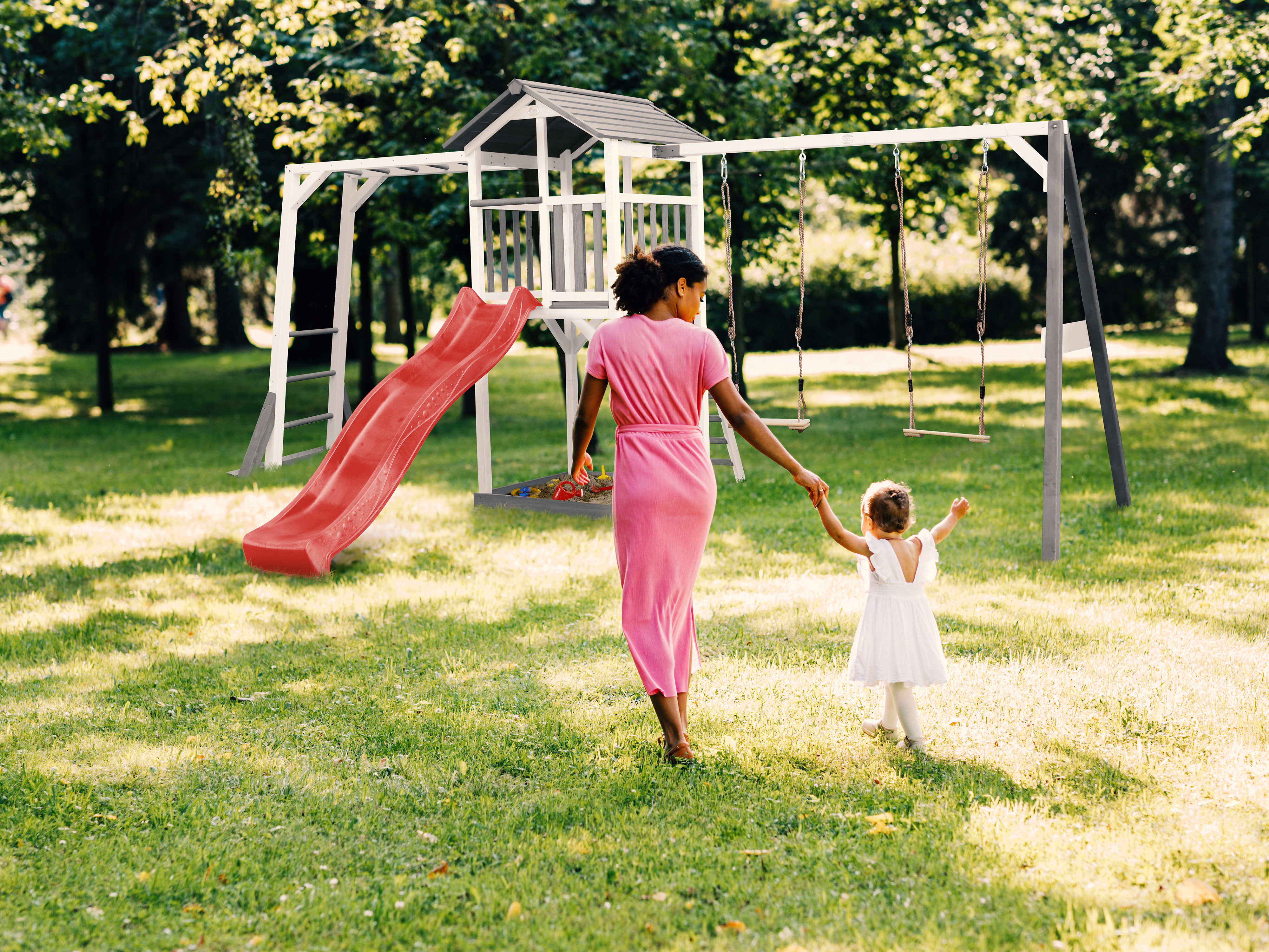 AXI Beach Tower with Climbing Frame and Double Swing Set Grey/White - Red Slide