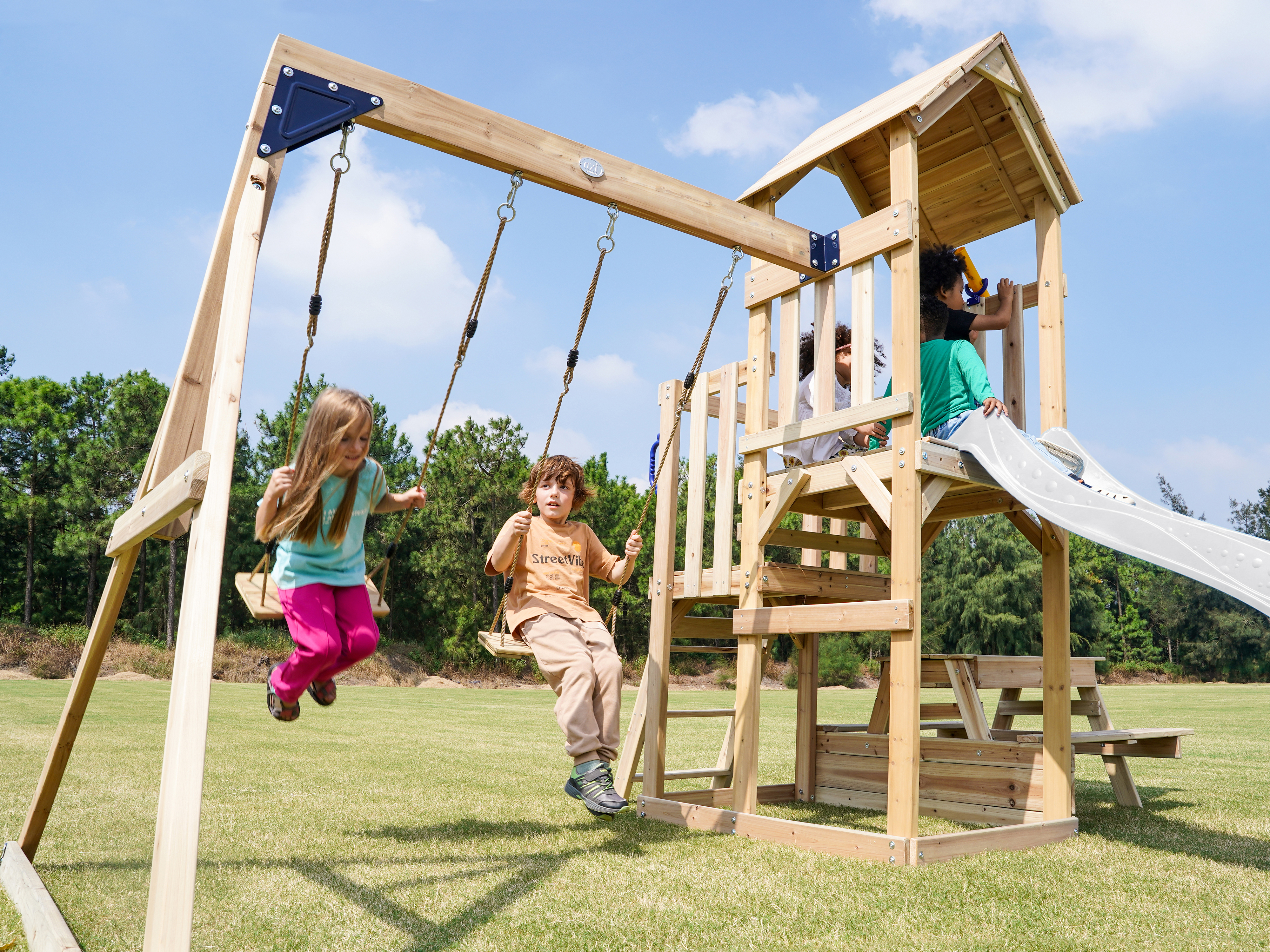 AXI Mette Climbing Frame with Double Swing Set and Picnic Table - White Slide