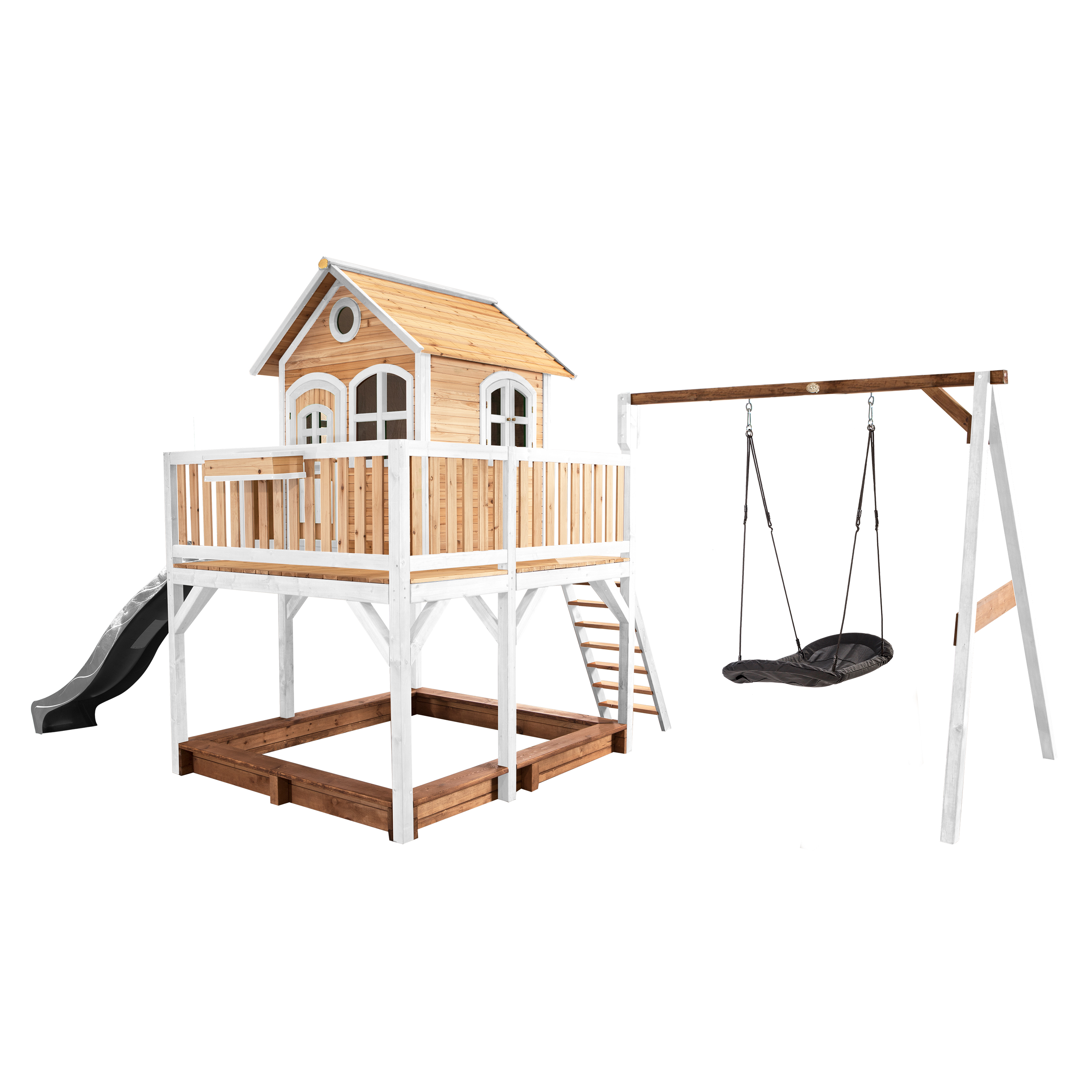 AXI Liam Playhouse with Roxy Nest Swing Set Brown/White - Grey Slide-8717973937531 AXI Liam Playhouse with Roxy Nest Swing Set Brown/White - Grey Slide