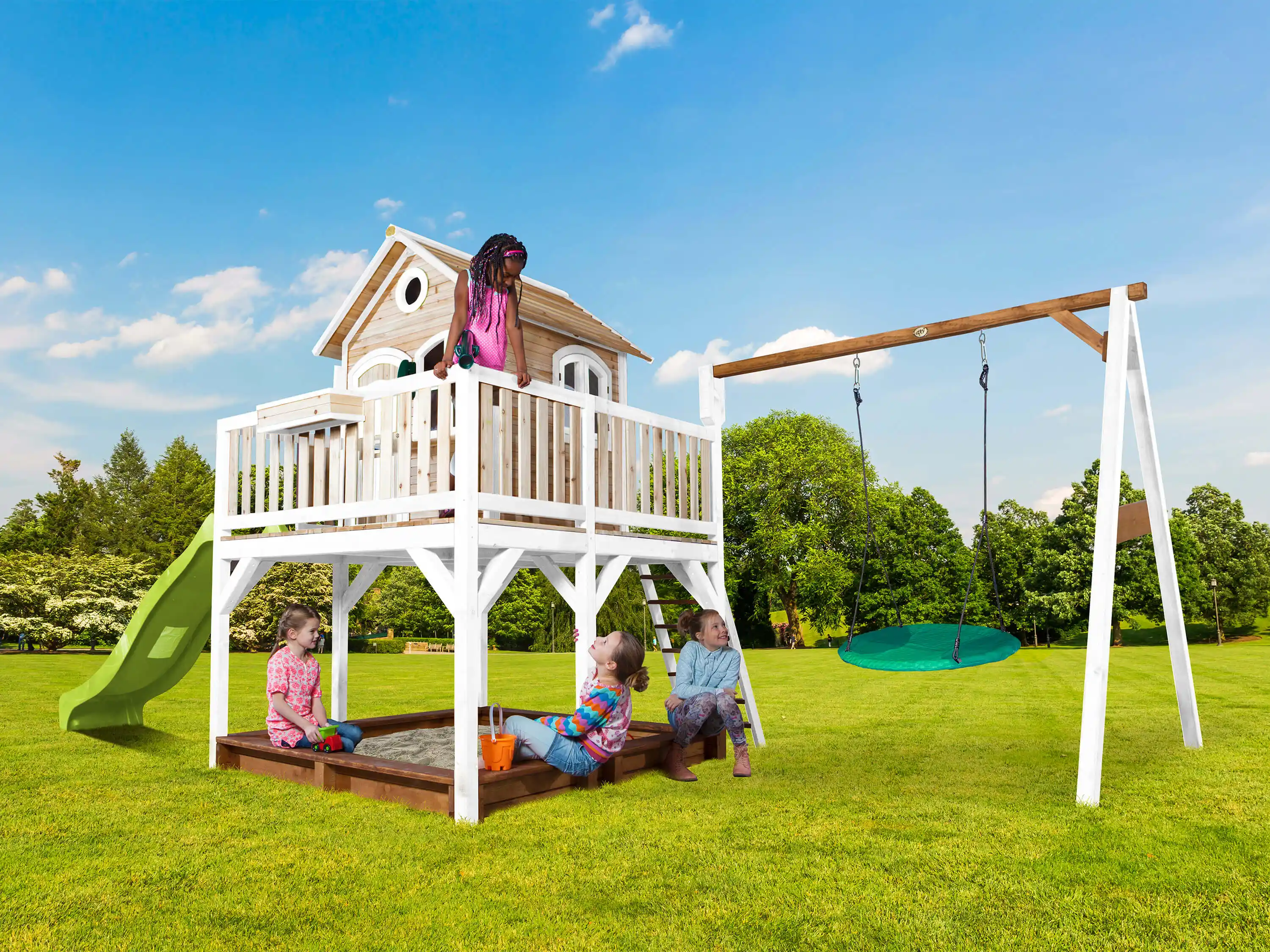 AXI Liam Speelhuis met Summer Nestschommel Bruin/wit - Limoen groene Glijbaan