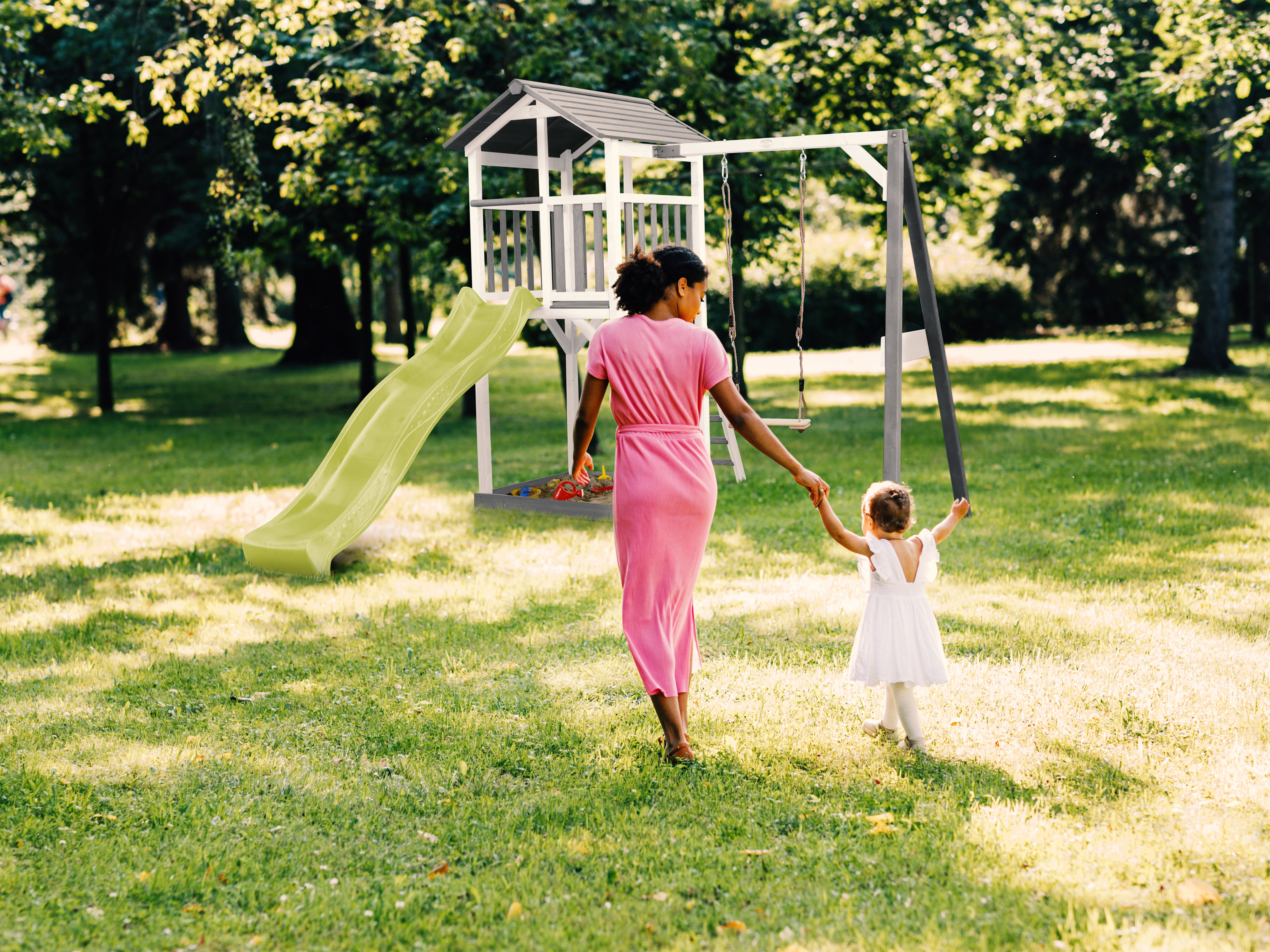 AXI Beach Tower with Single Swing Set Grey/White - Lime Green Slide