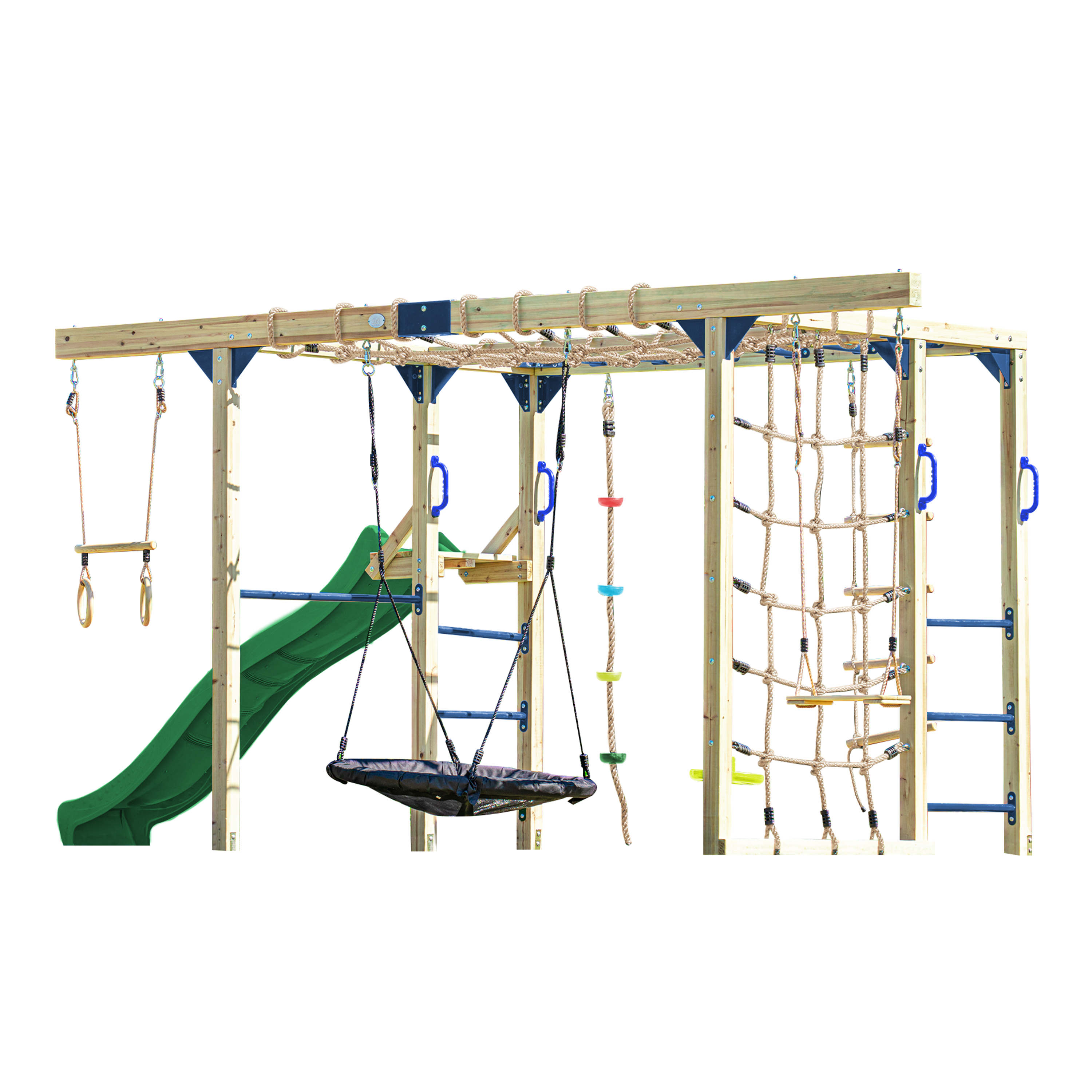 AXI Boris Wooden Playcentre with Swings, Trapeze, Climbing Nets and Monkey Bars – Green Slide