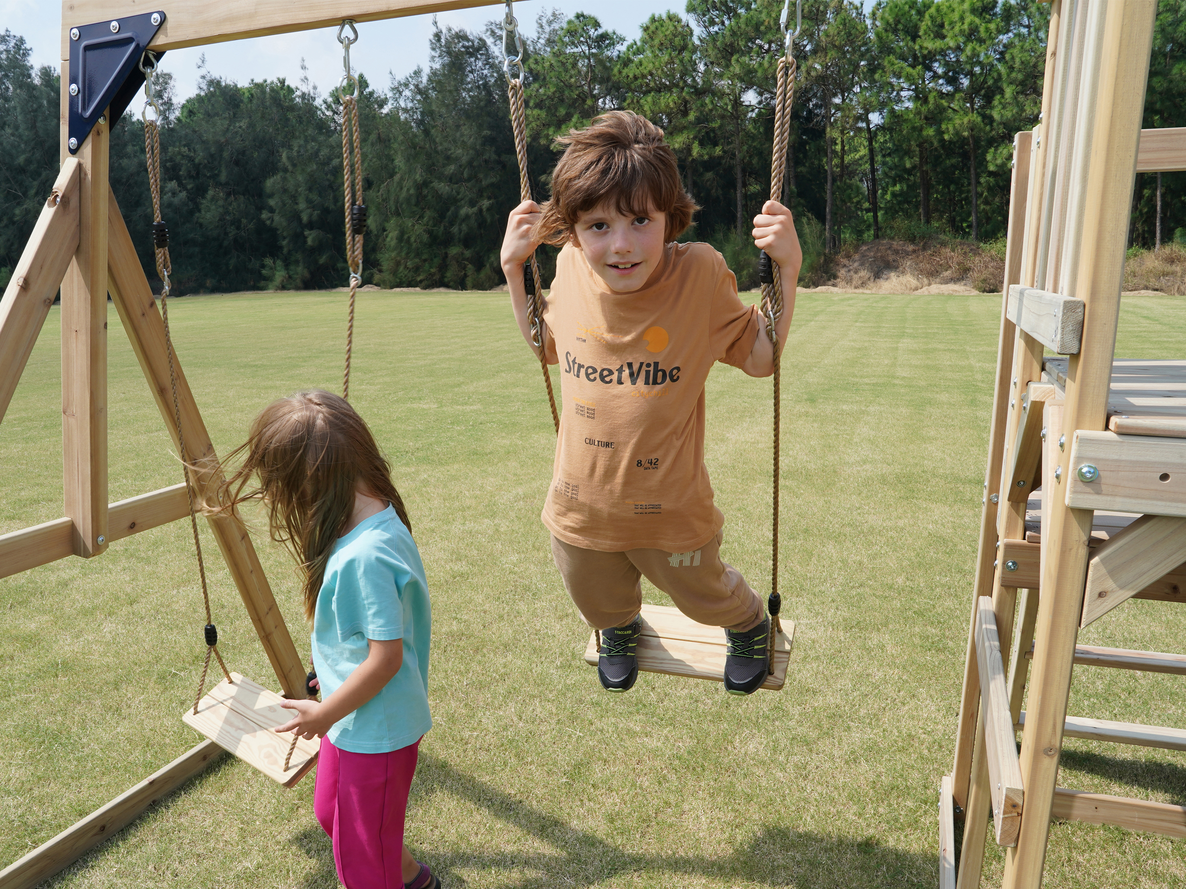 AXI Mette Climbing Frame with Double Swing Set and Picnic Table - Blue Slide