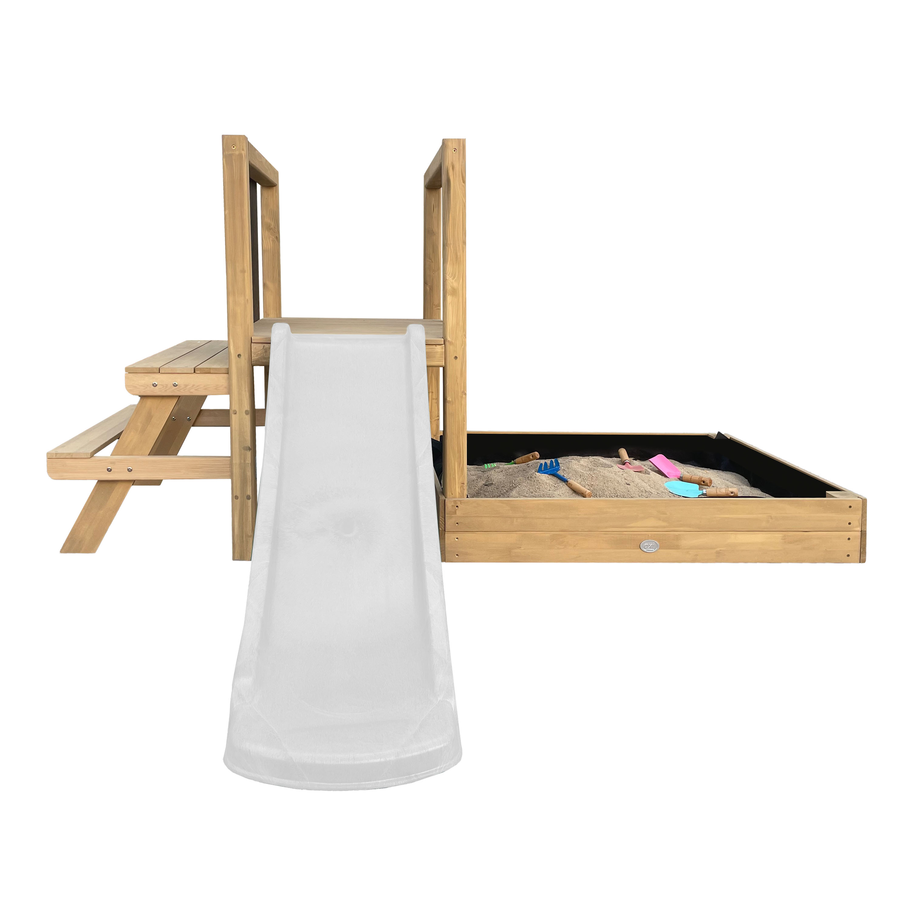 AXI Leah Mini Wooden Playtower with Sandbox. Picnic Table & Chalkboard – White Slide