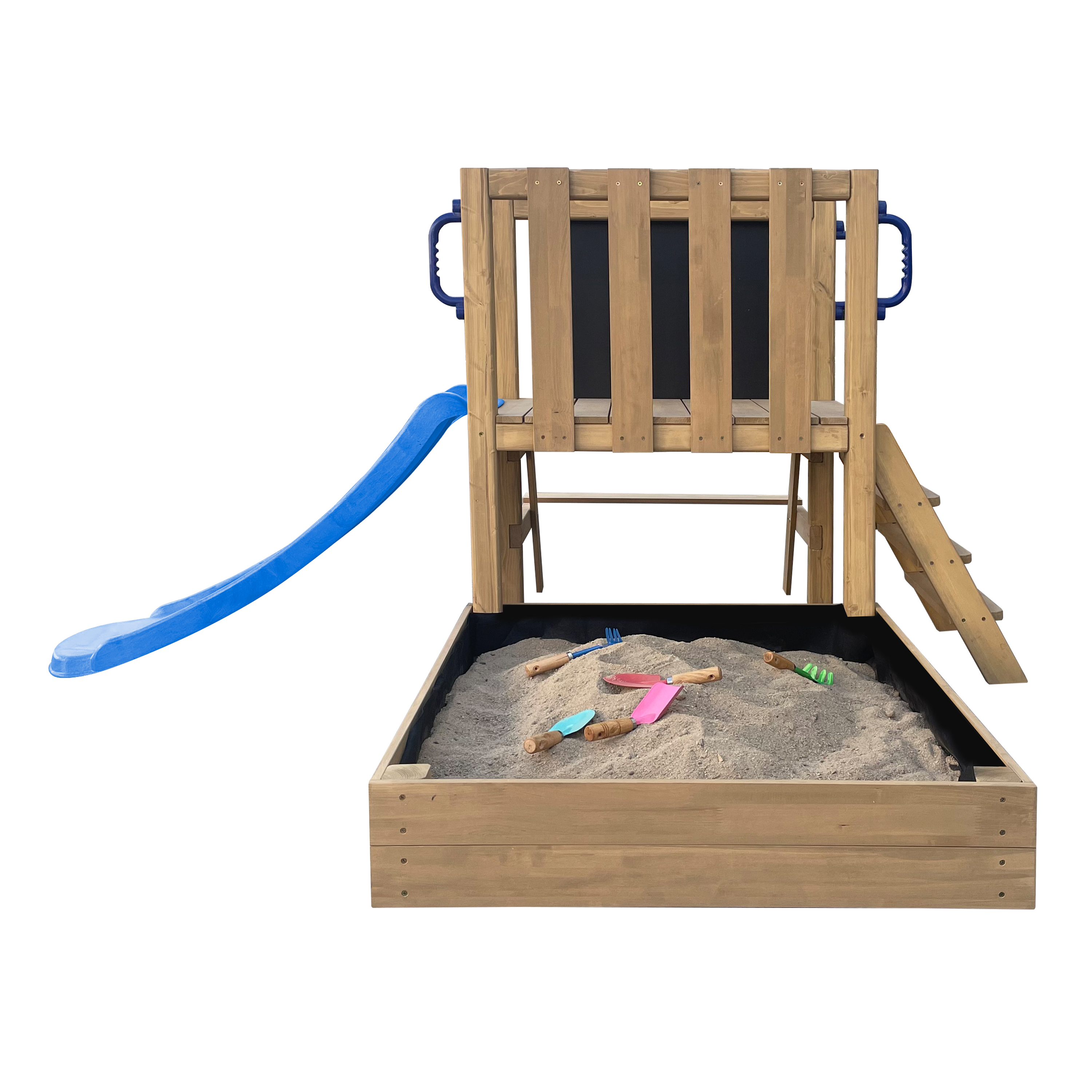 AXI Leah Mini Wooden Playtower with Sandbox. Picnic Table & Chalkboard – Blue Slide 