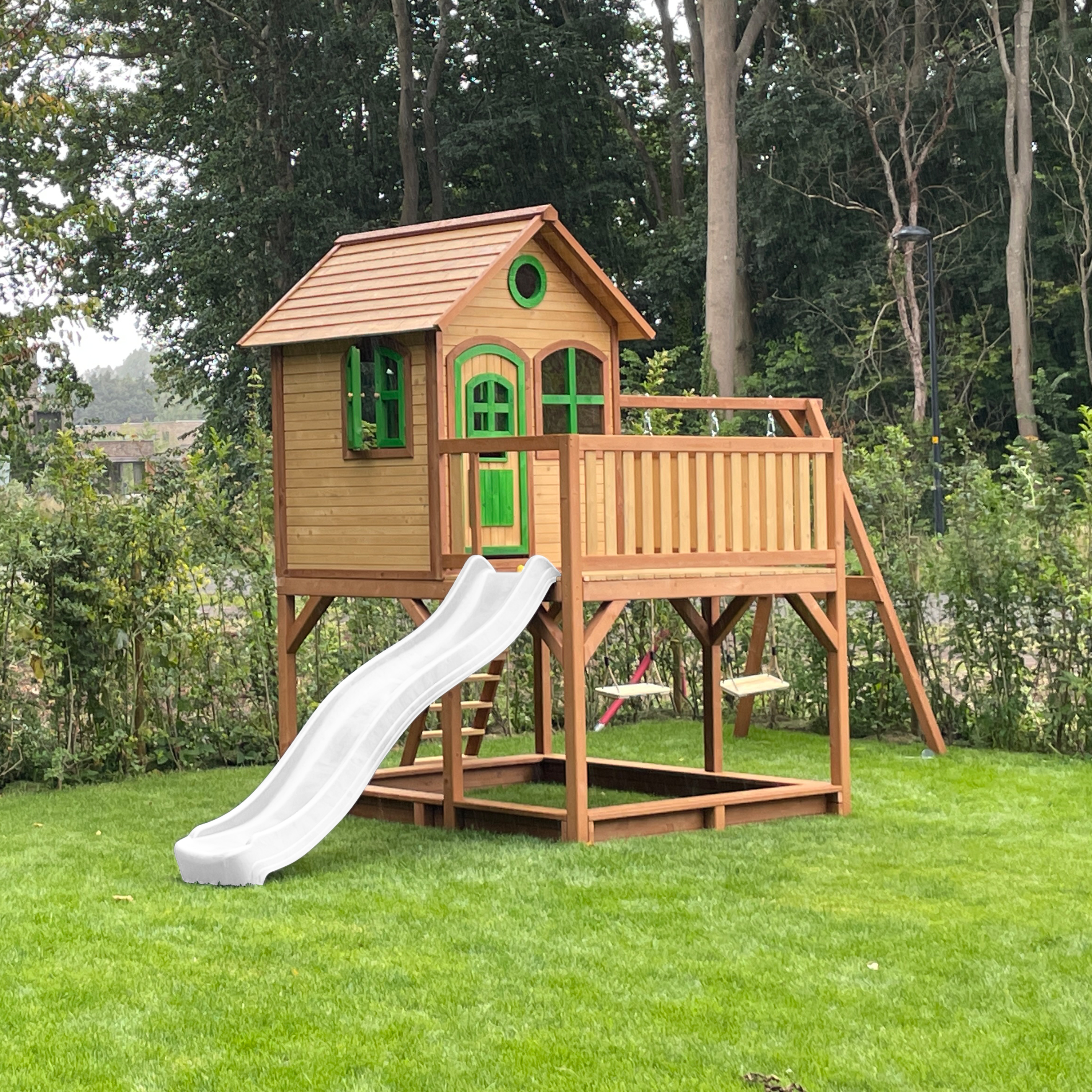 AXI Liam Playhouse with Double Swing Set Brown/Green - White Slide