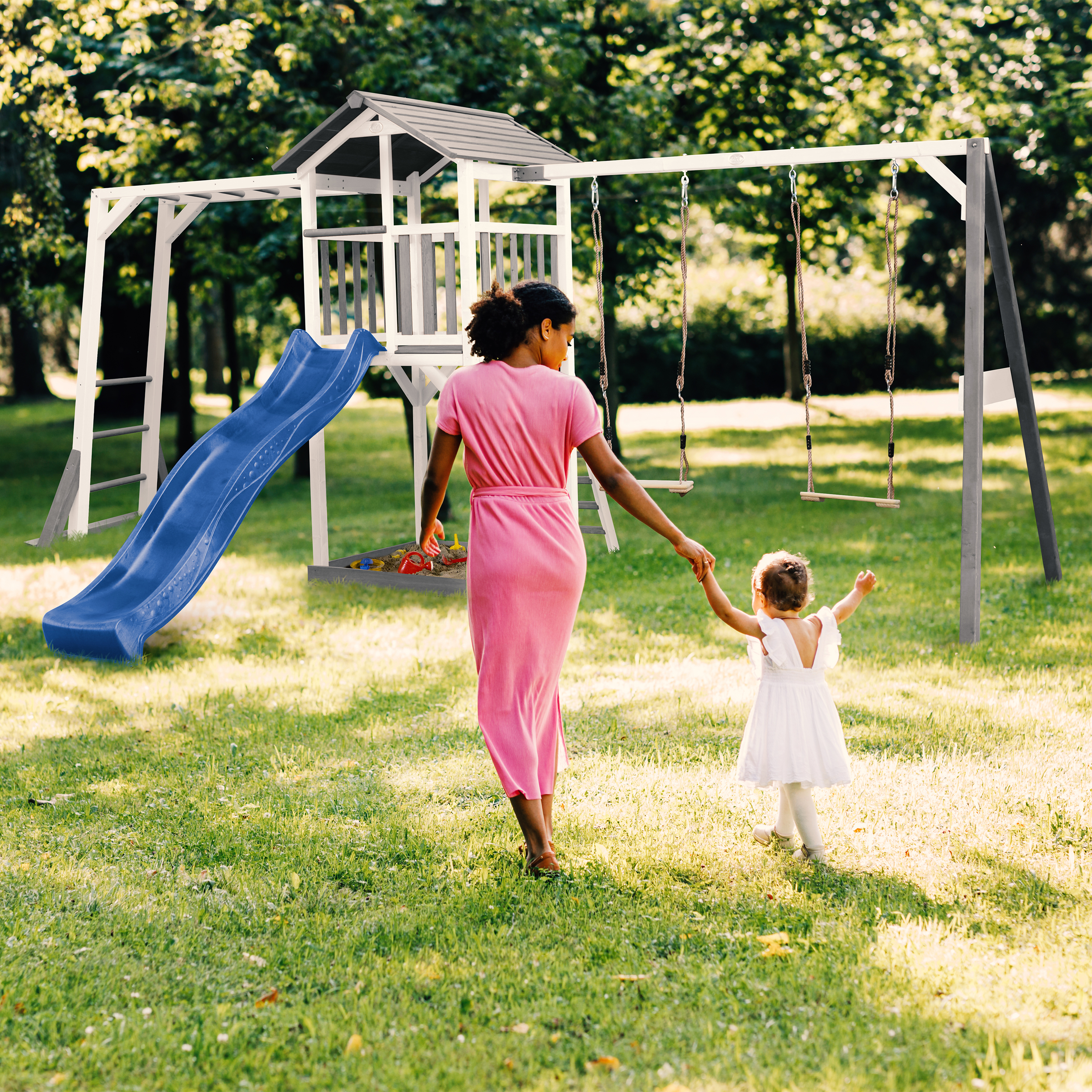 AXI Beach Tower with Climbing Frame and Double Swing Set Grey/White - Blue Slide