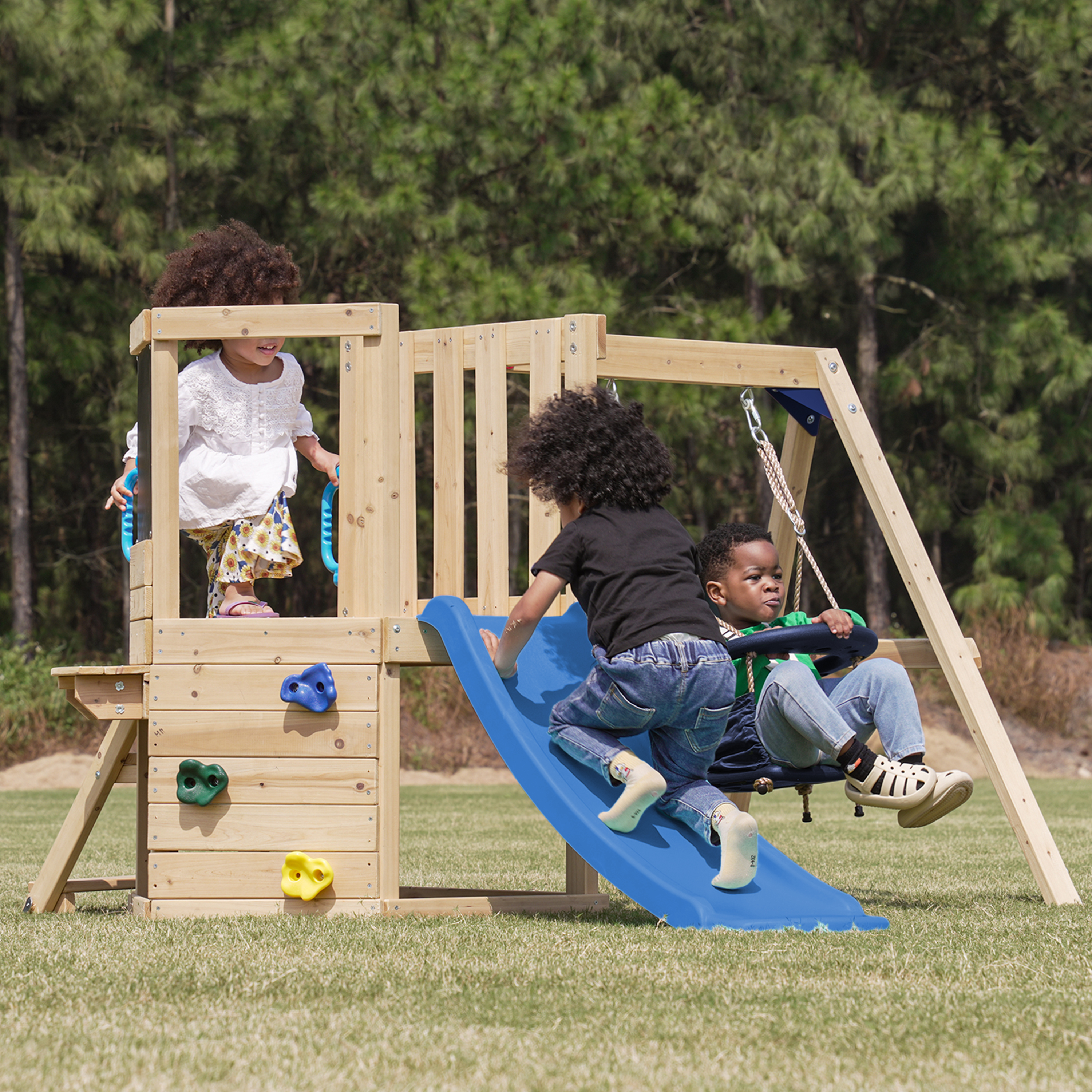 AXI Timo Mini Climbing Frame with Baby Swing, Climbing Wall and Chalkboard – Blue Slide